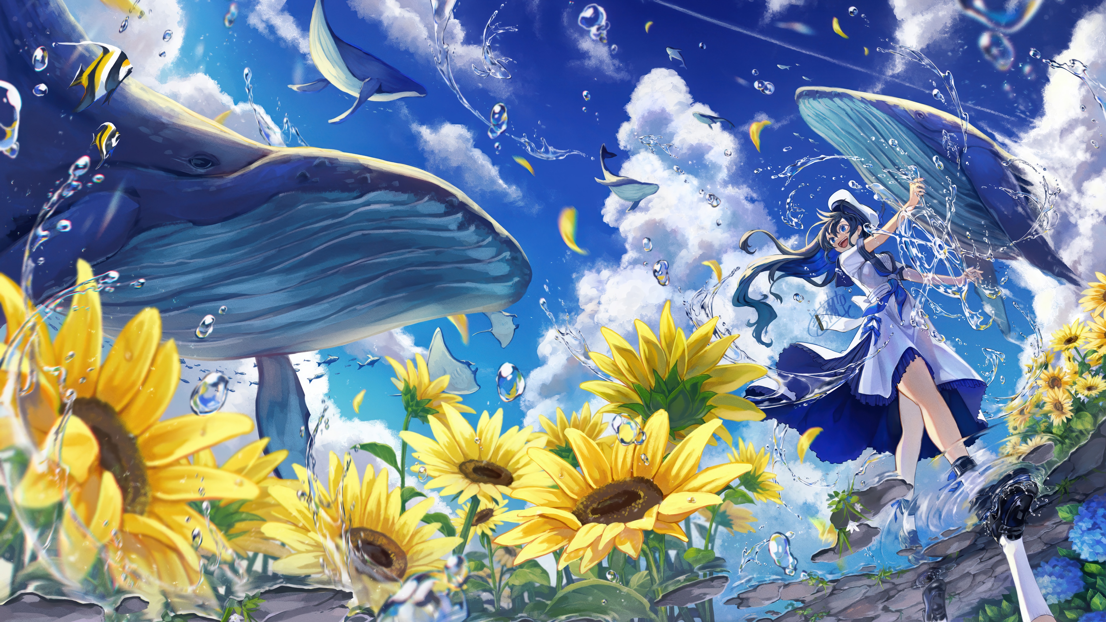 Anime Girl with Whales and Sunflowers 4K HD Wallpaper