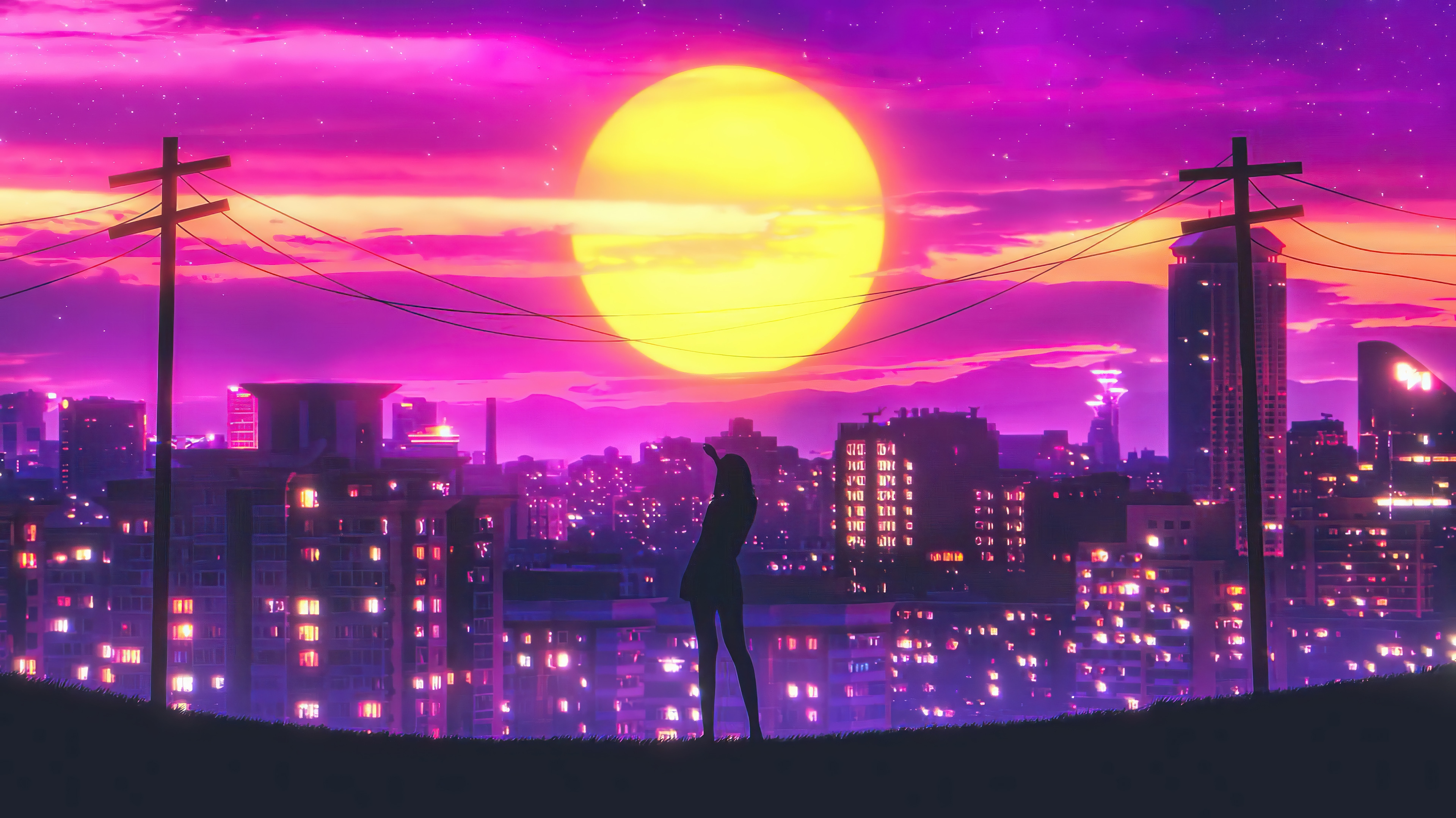 Silhouette Girl in Cityscape with Large Moon 4K HD Wallpaper