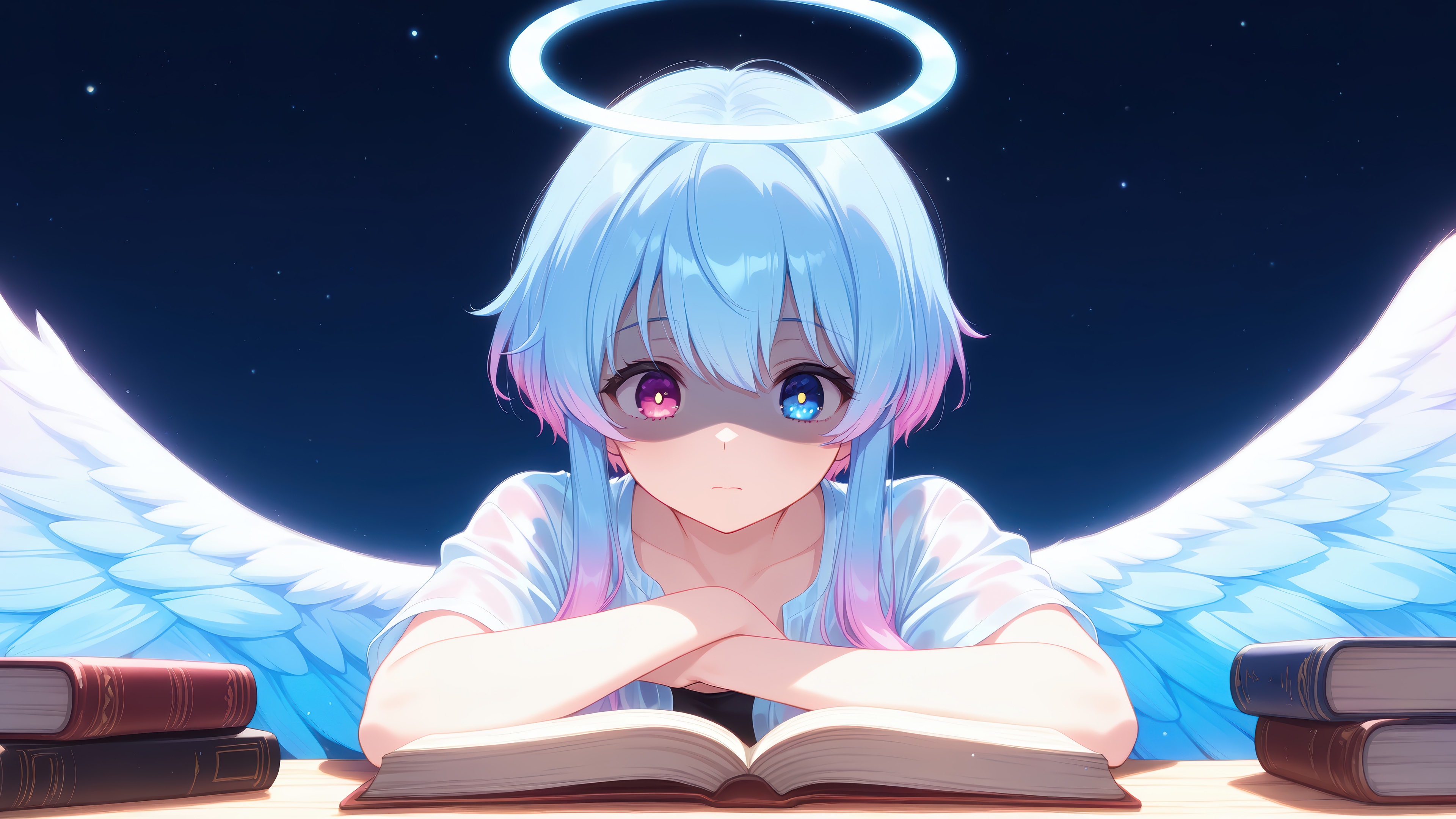 Anime Angel Girl with Halo and Wings Reading HD Wallpaper