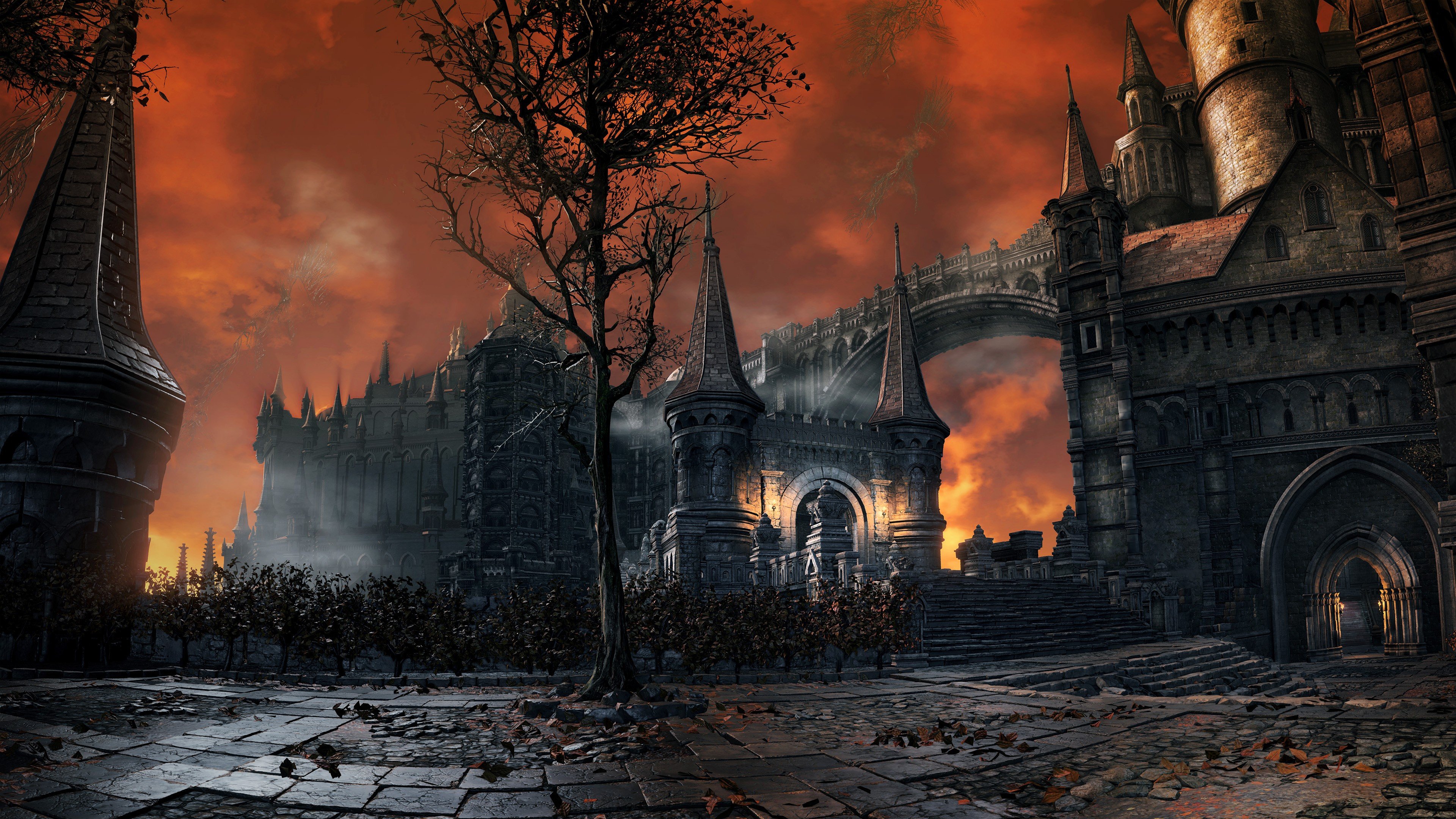 Dark Souls III castle with orange sky HD Wallpaper