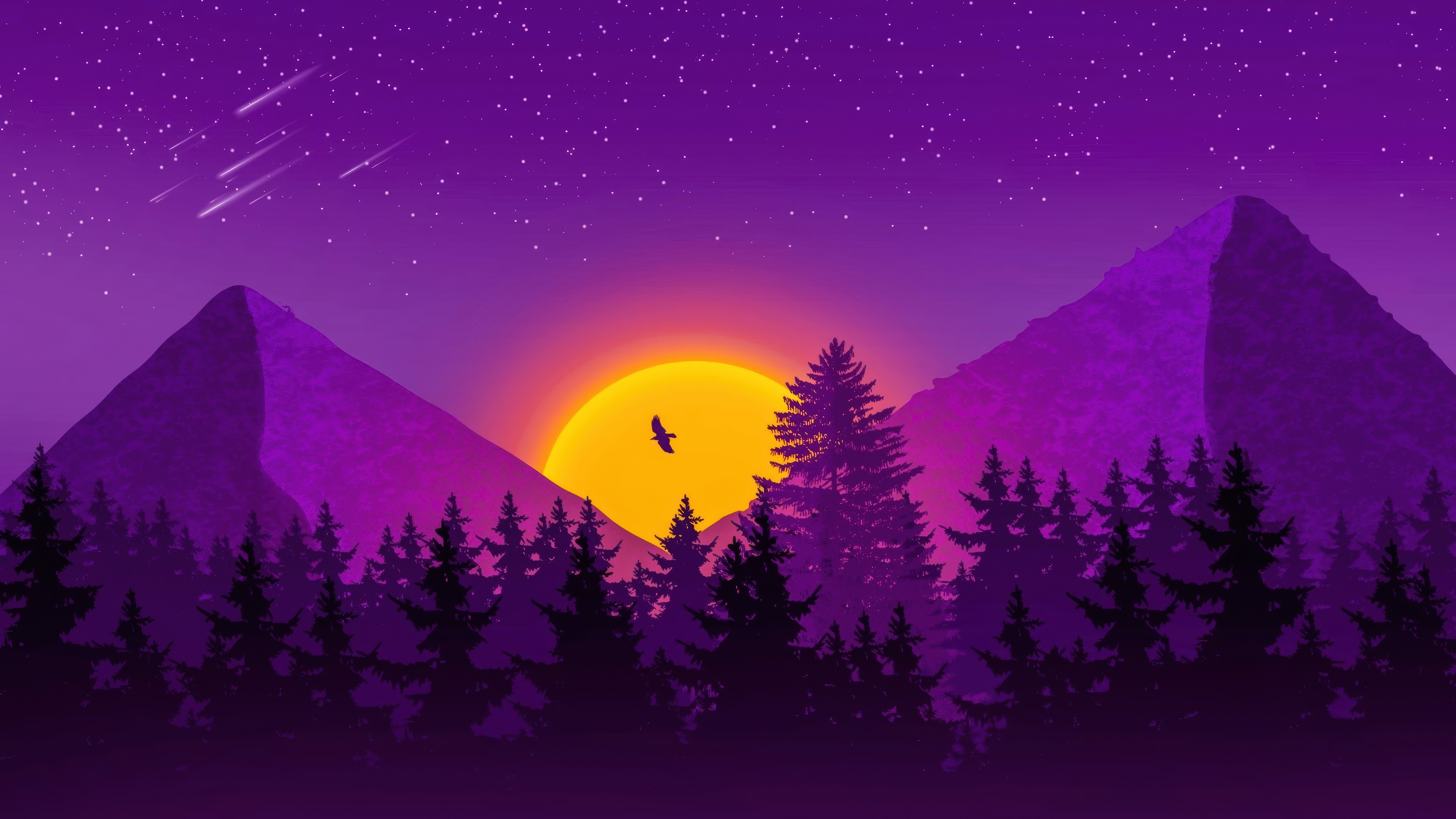Minimalist Sunset over Mountains with Forest and Eagle HD Wallpaper