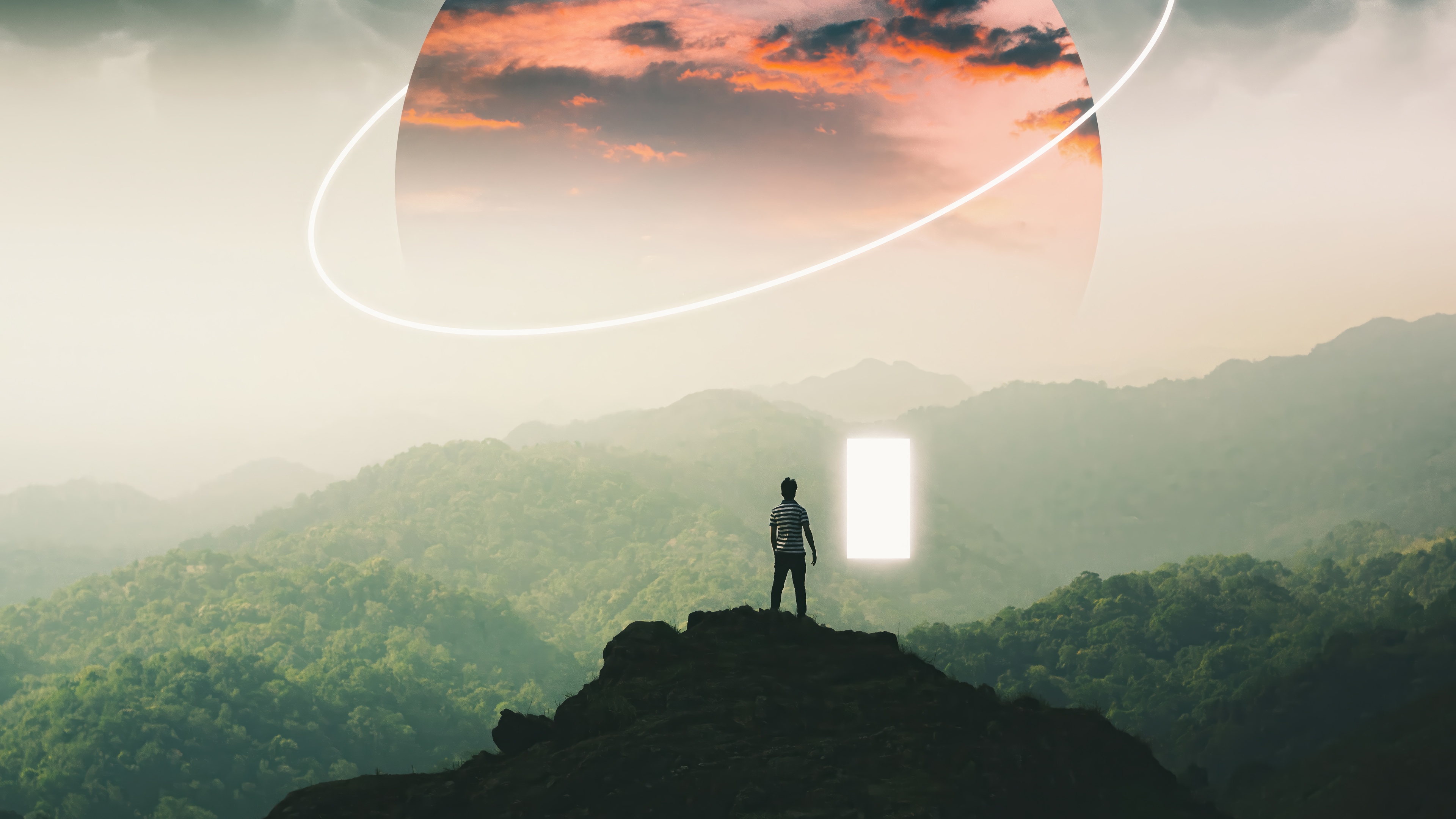 Man Standing on Mountain Facing Glowing Door HD Wallpaper