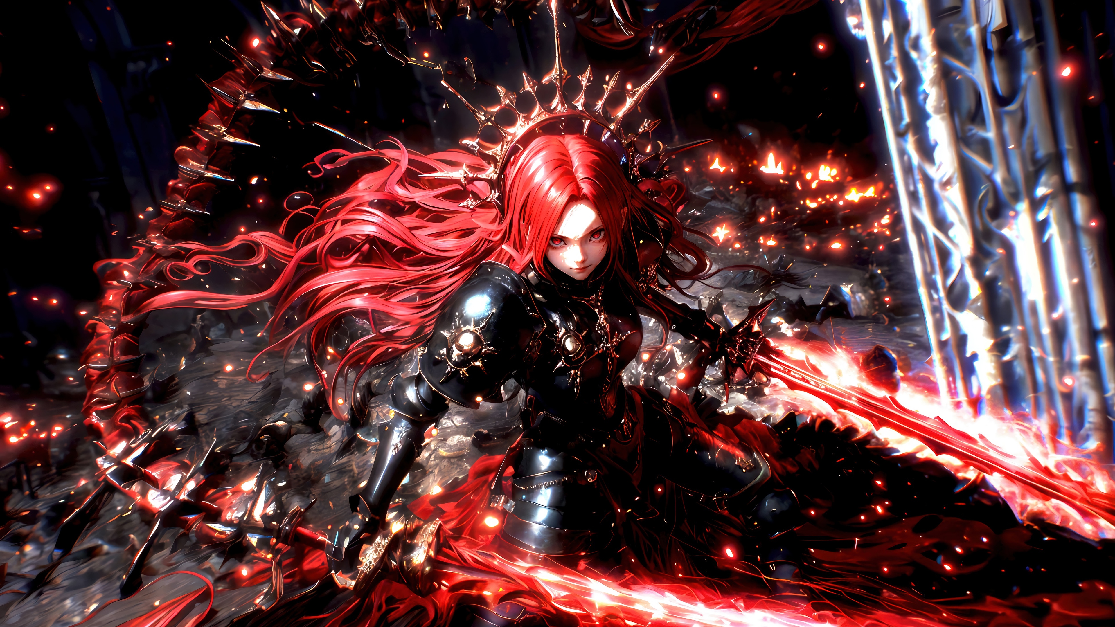 Fantasy Warrior Girl with Red Hair and Fiery Swords 4K HD Wallpaper