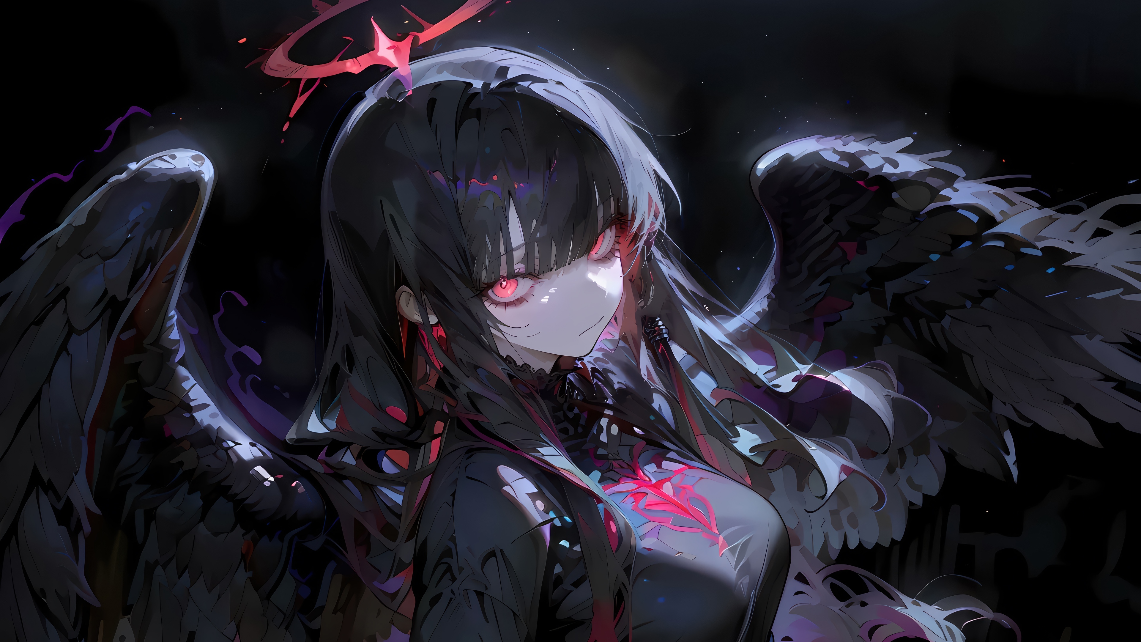 Anime Girl with Black Wings and Red Eyes 4K HD Wallpaper