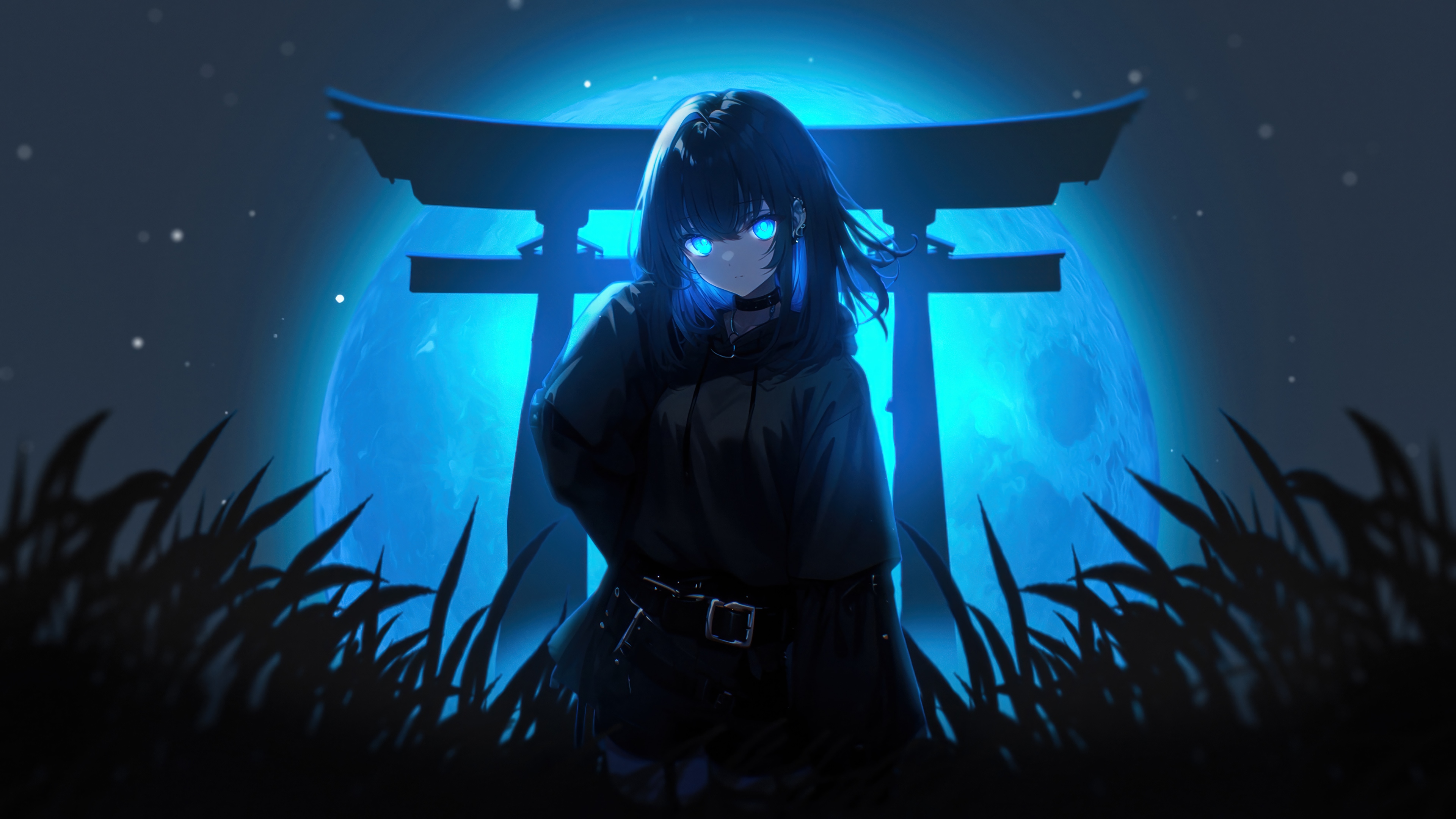 Anime Girl in Front of a Blue Moon HD Wallpaper