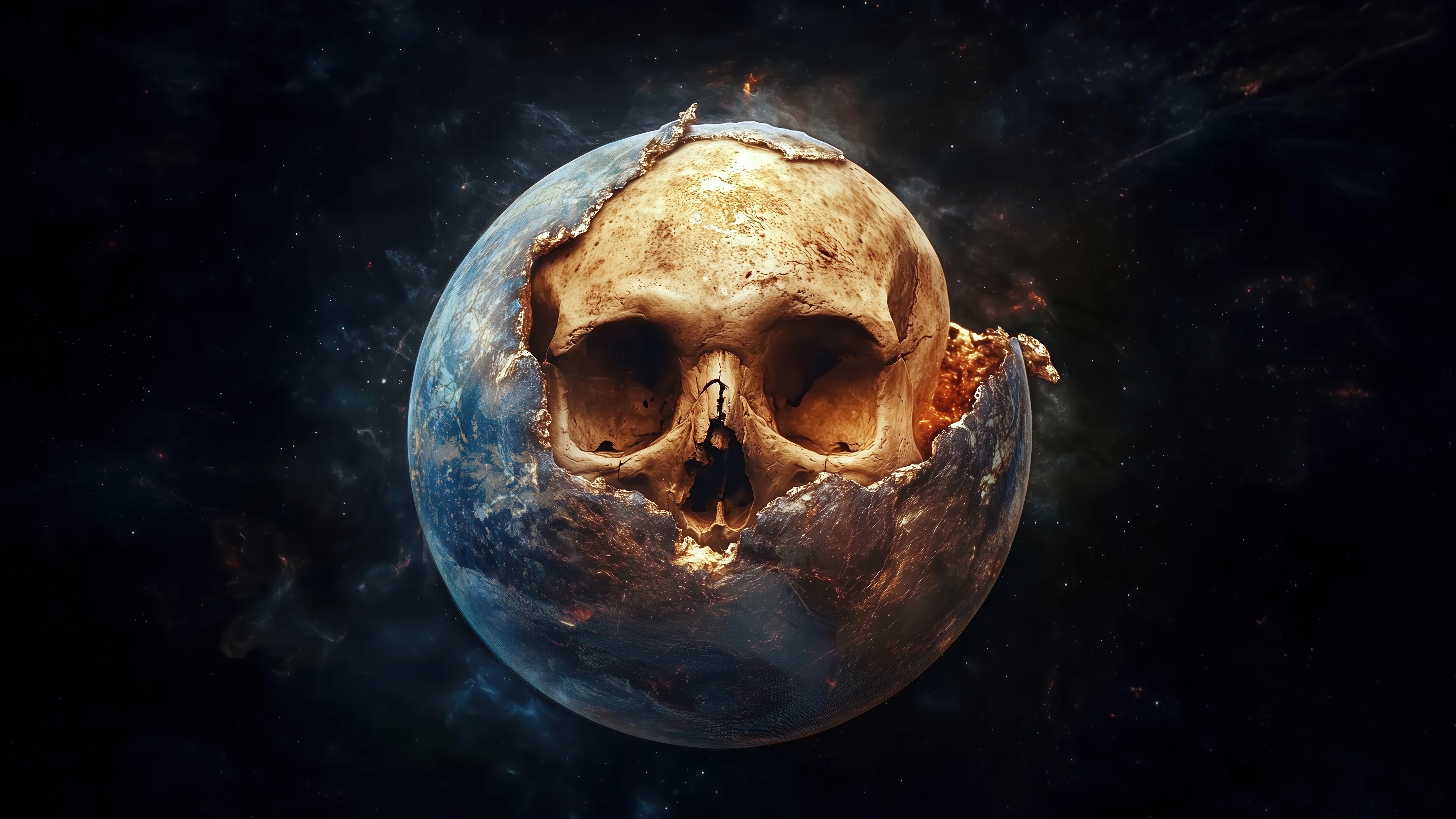 Skull Emerging from a Cracked Planet in Space 4K HD Wallpaper