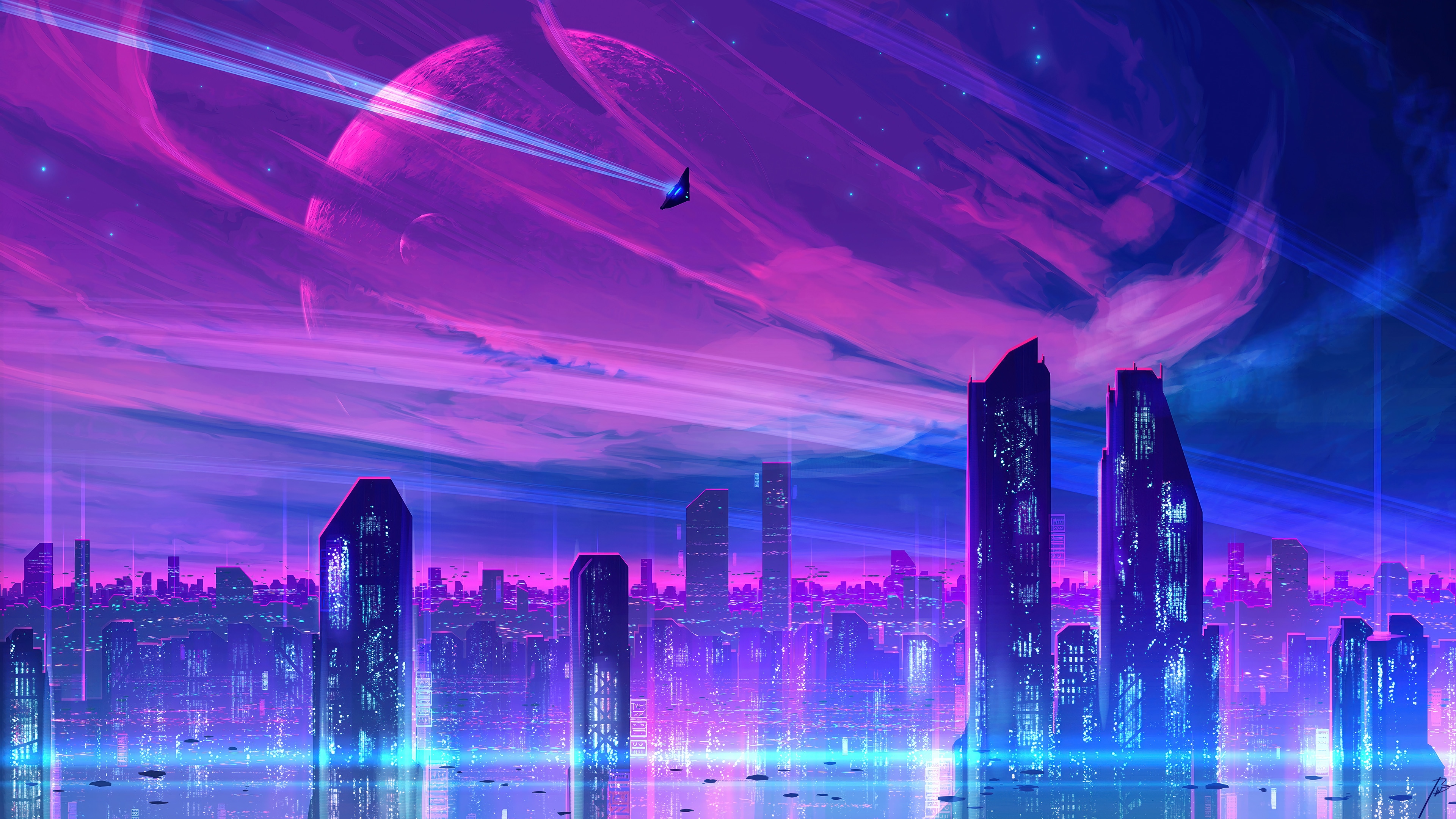 Sci-Fi Cityscape with Planet and Spaceship 4K HD Wallpaper