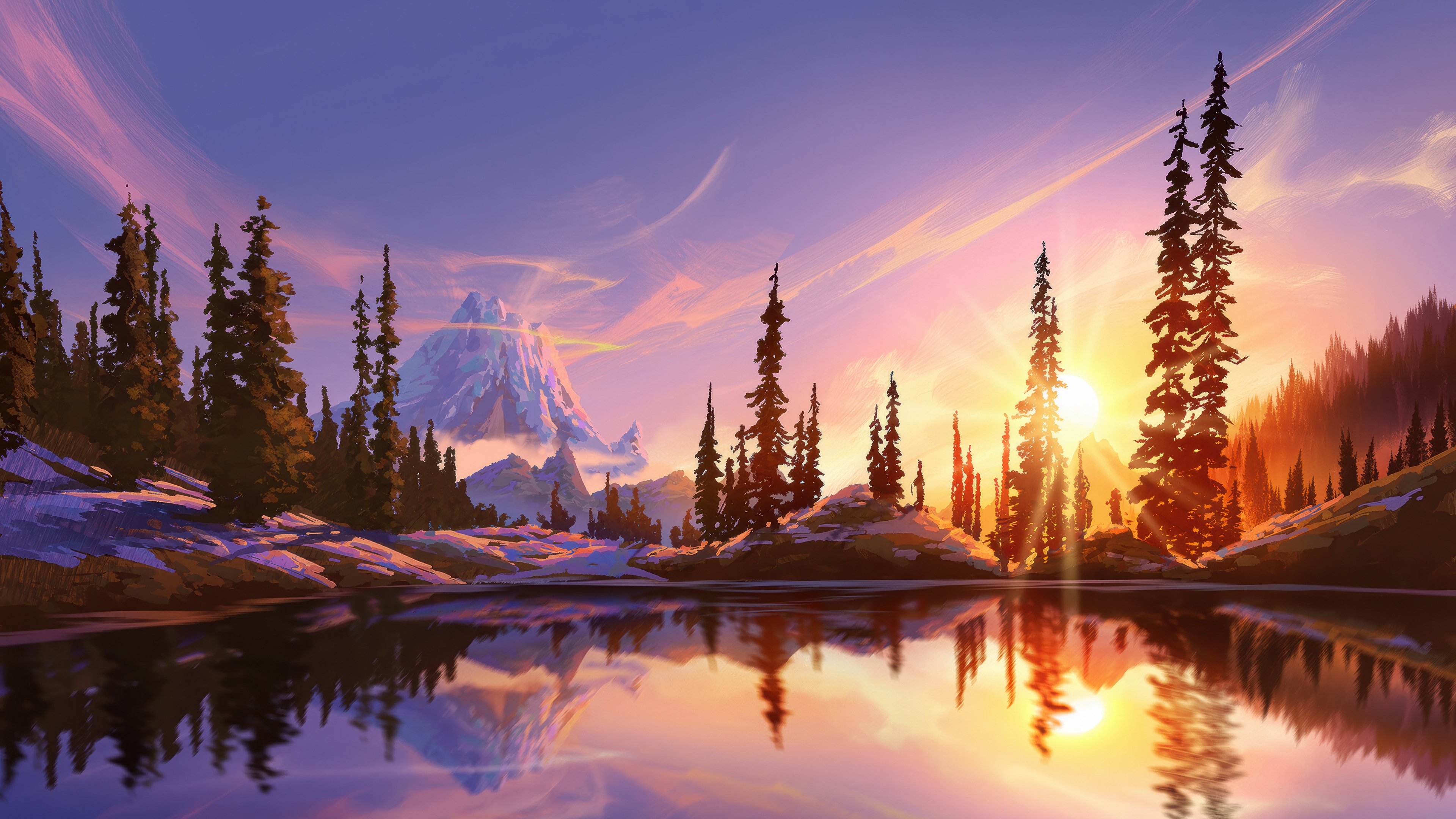 Mountain Lake Sunset Scenery 4K HD Wallpaper