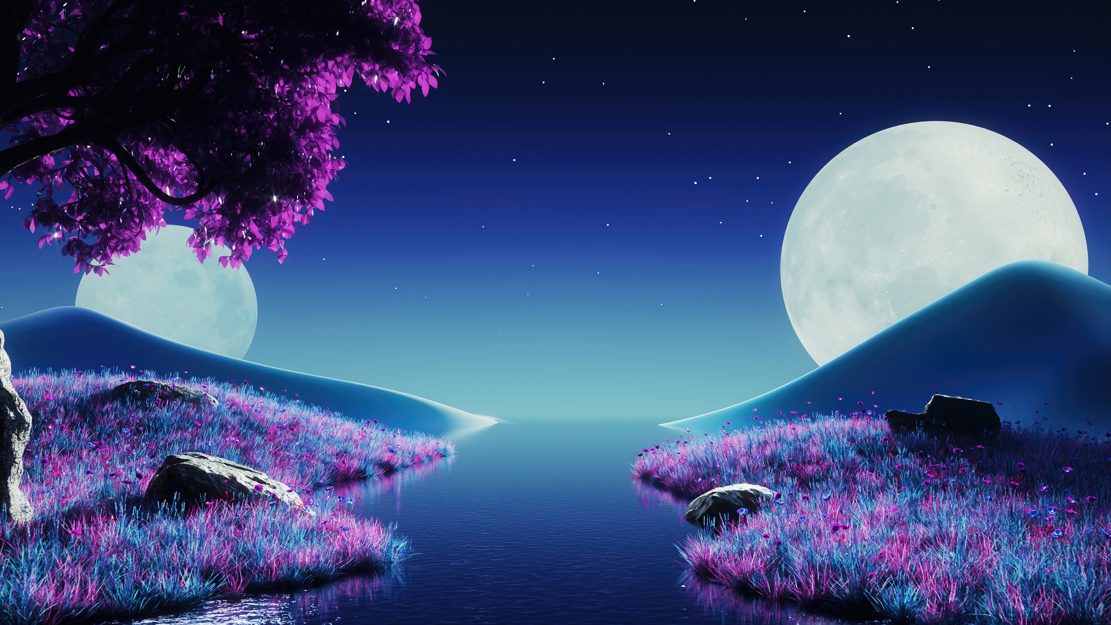 Fantasy River Scenery with Two Moons at Night 4K HD Wallpaper