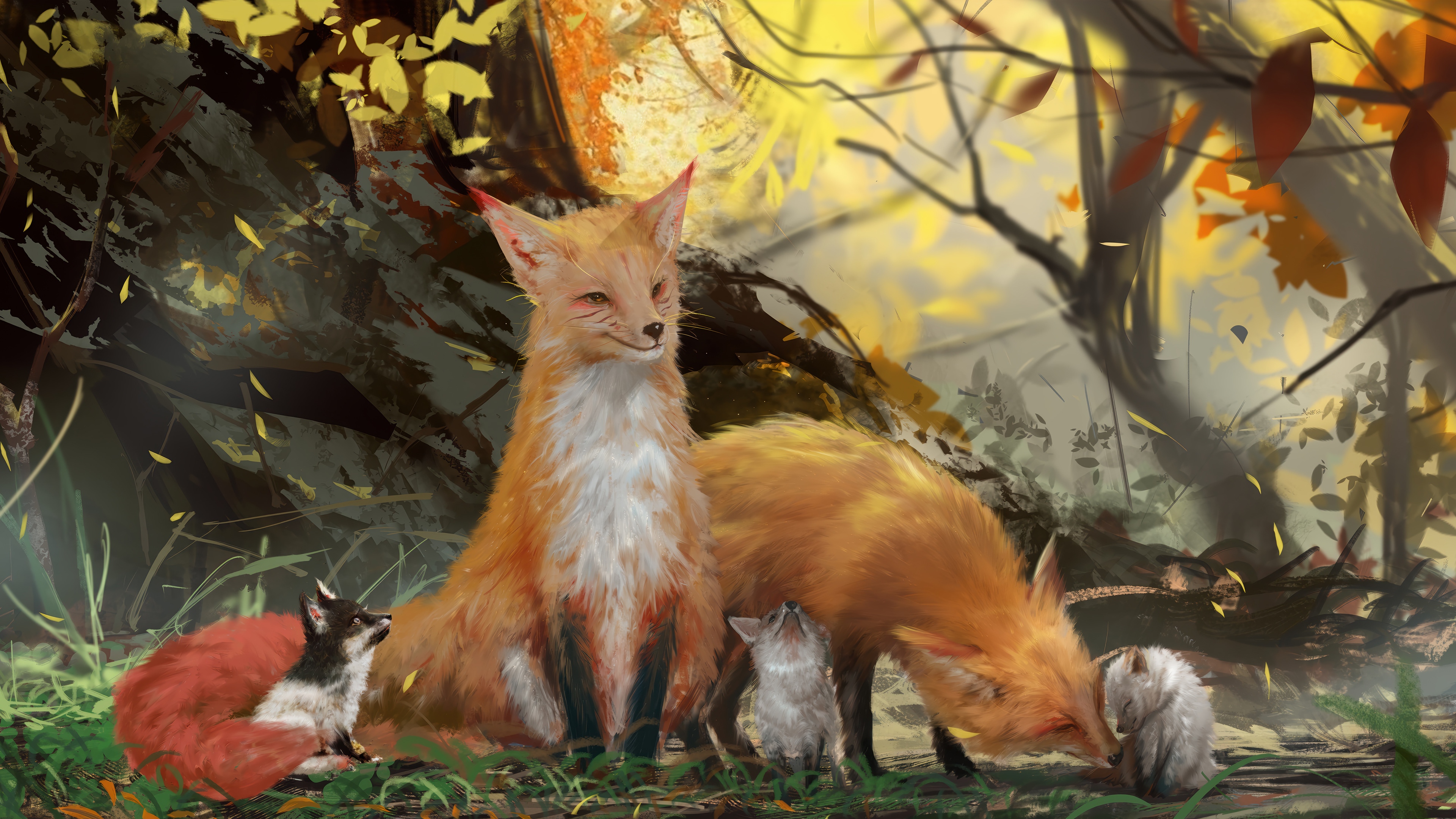 Fox family in a forest setting 4K HD Wallpaper