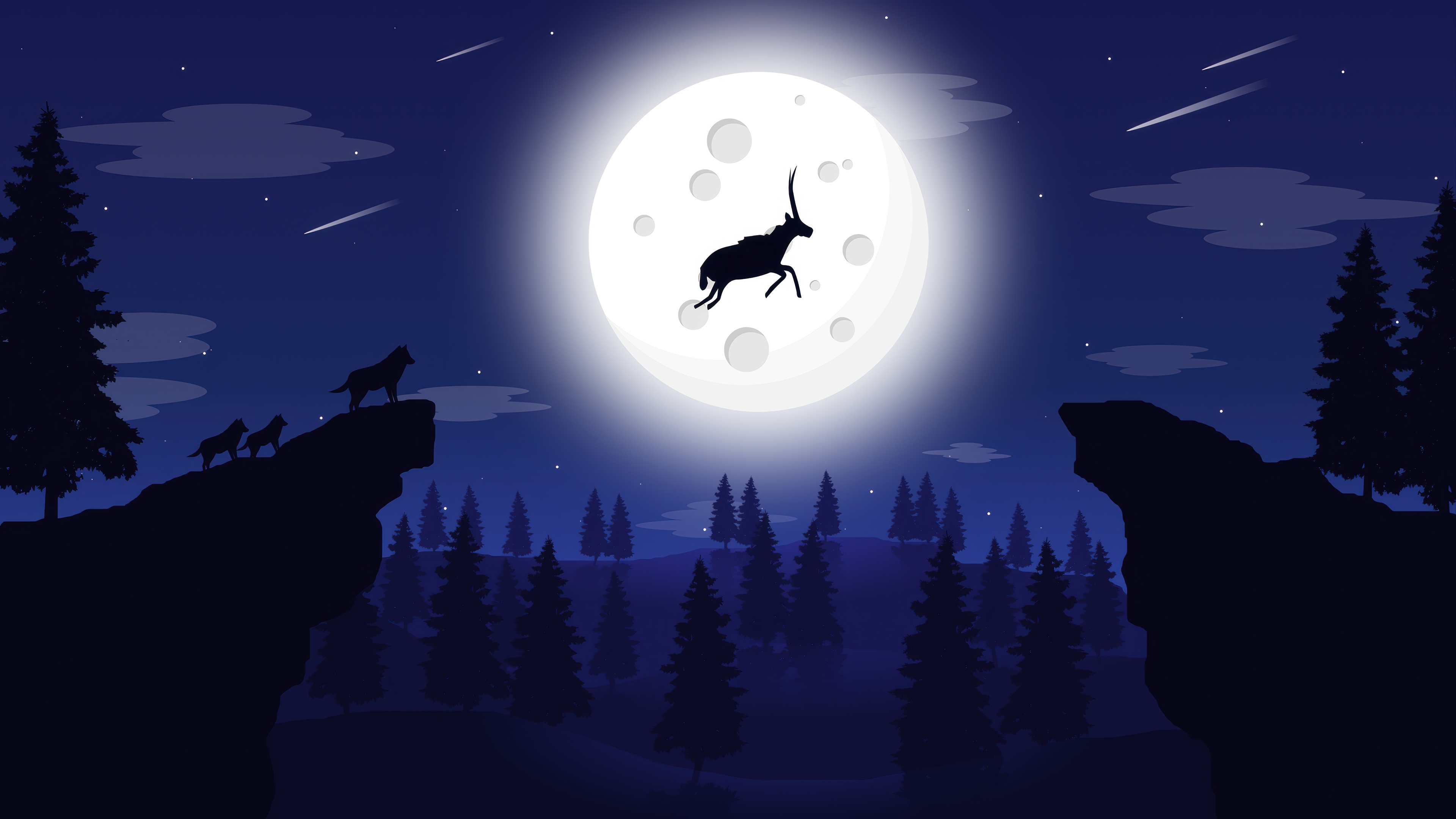 Deer jumping in front of the Moon with wolves on a cliff HD Wallpaper