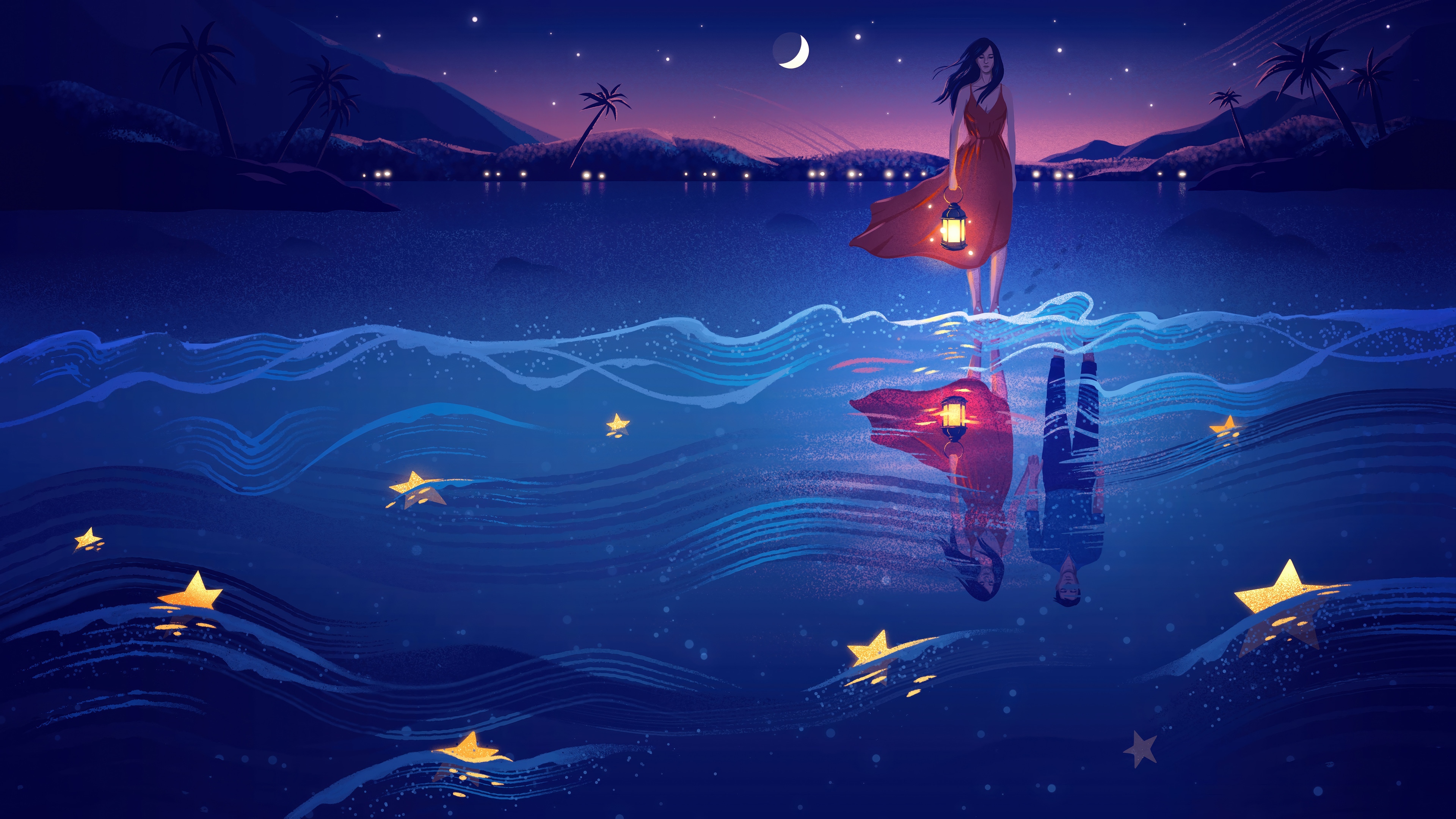 Woman with Lantern on Beach at Night 4K HD Wallpaper