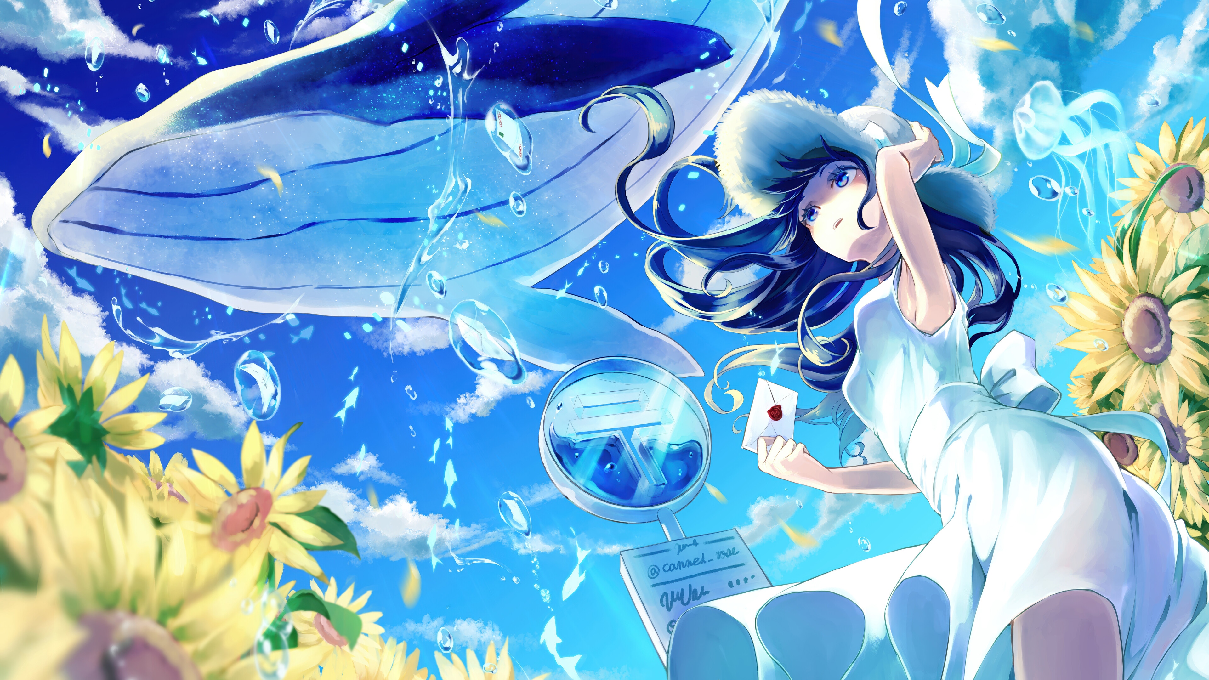 Anime Girl with Whale and Sunflowers 4K HD Wallpaper