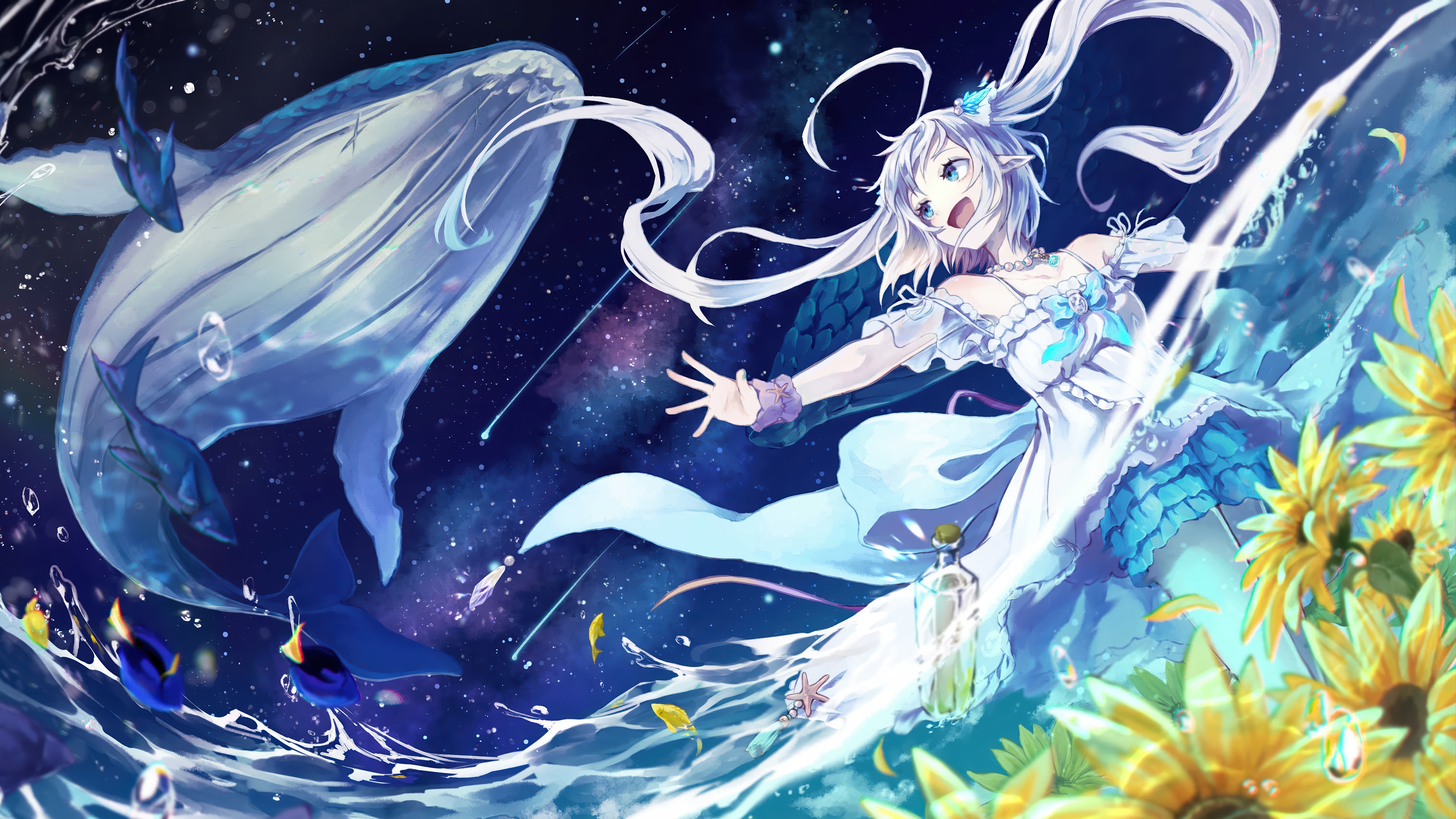 Anime Girl and Whale in Starry Sky 4K HD Wallpaper