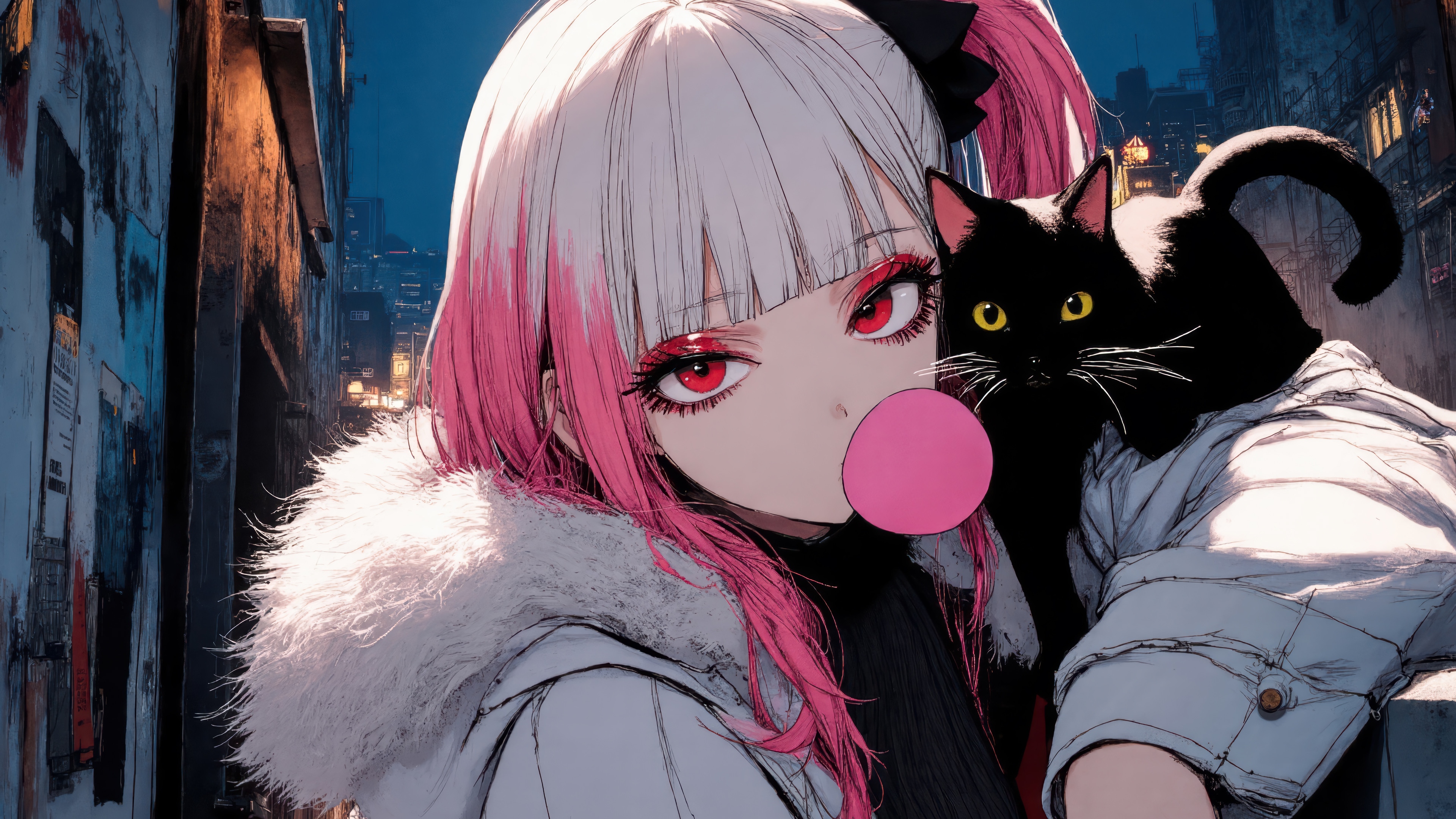 Anime Girl with Black Cat and Pink Bubblegum 4K HD Wallpaper