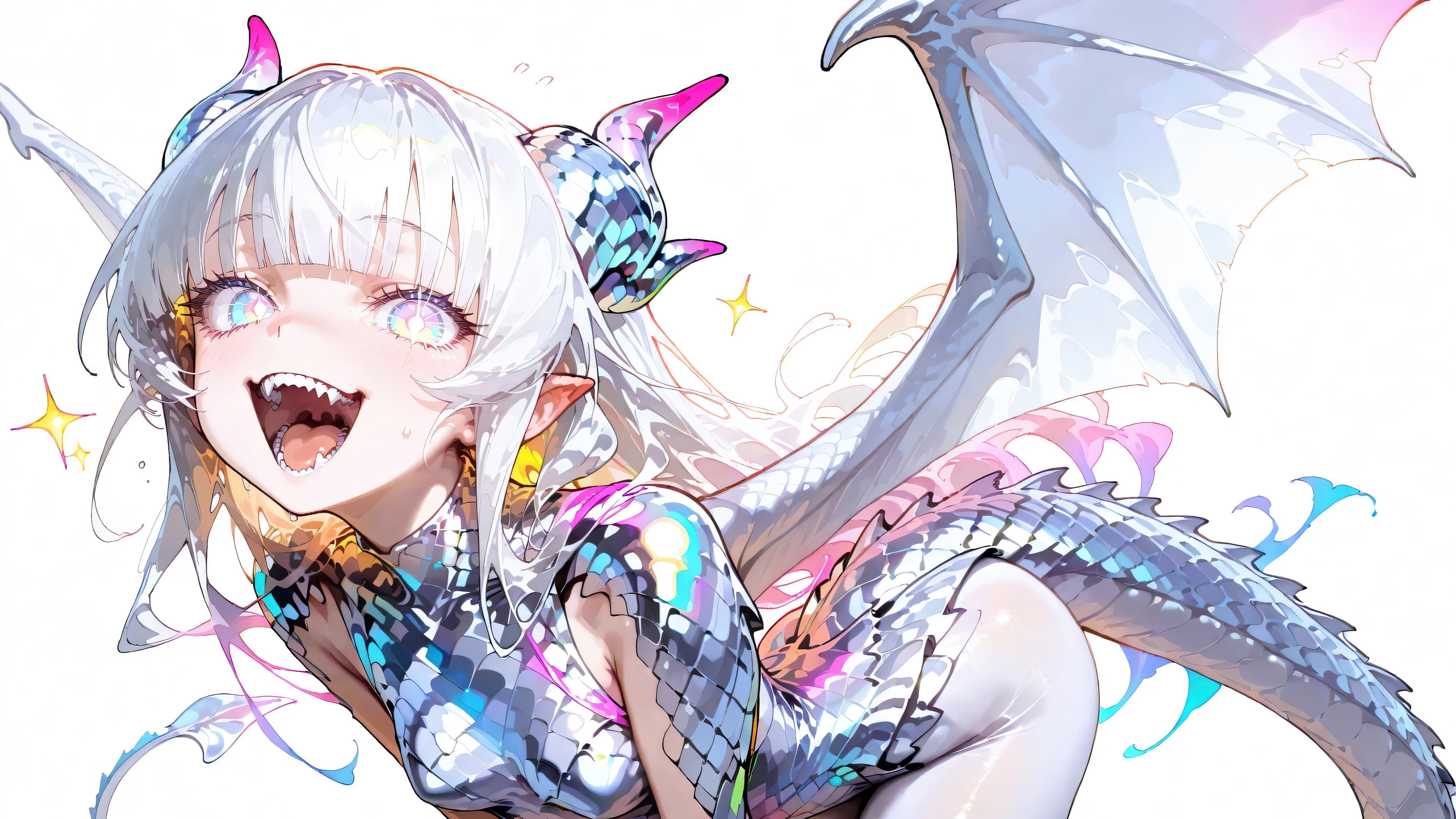 Anime Dragon Girl with White Hair and Wings 4K HD Wallpaper