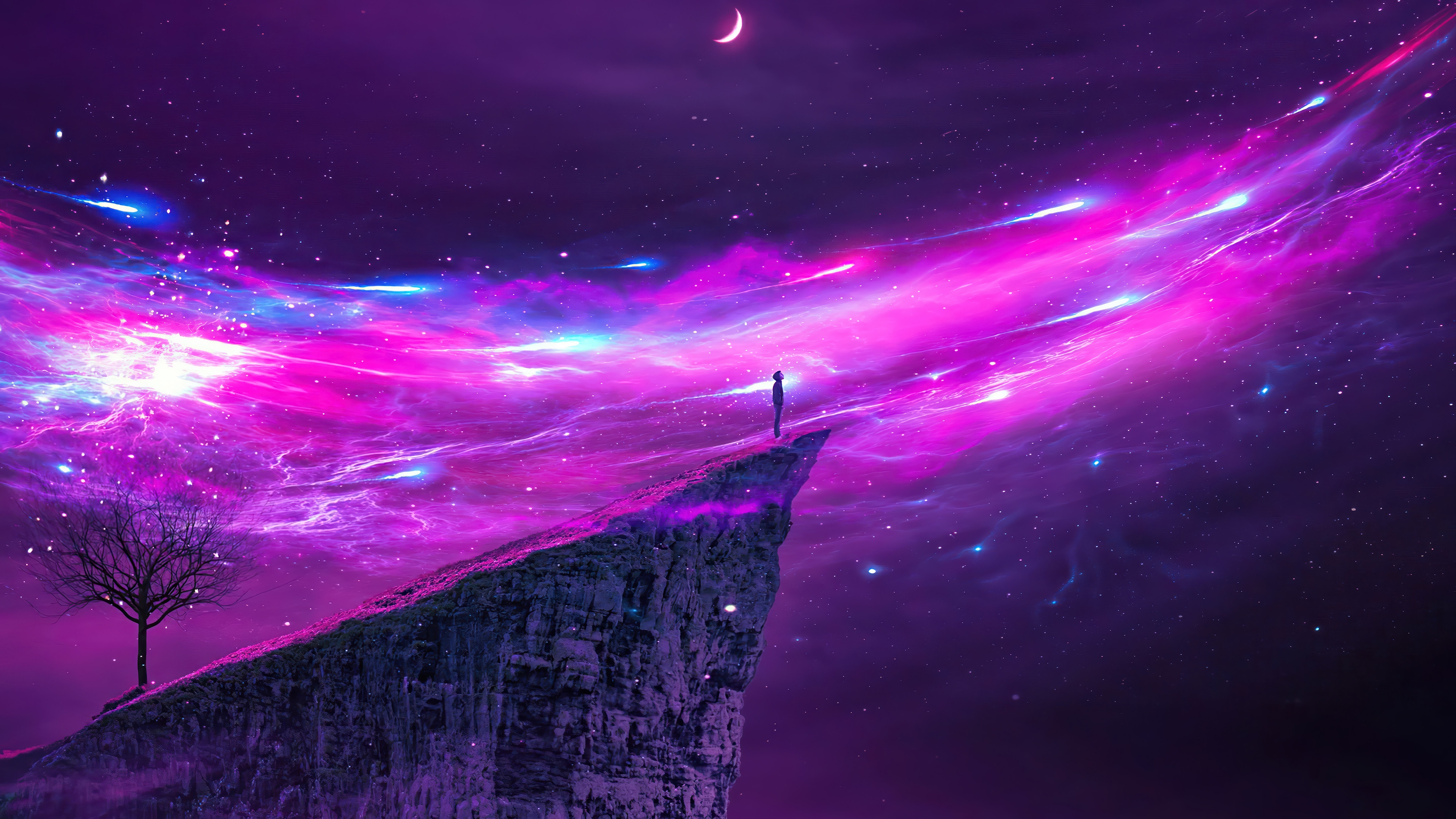 Person Standing on Cliff Overlooking Nebula 4K HD Wallpaper
