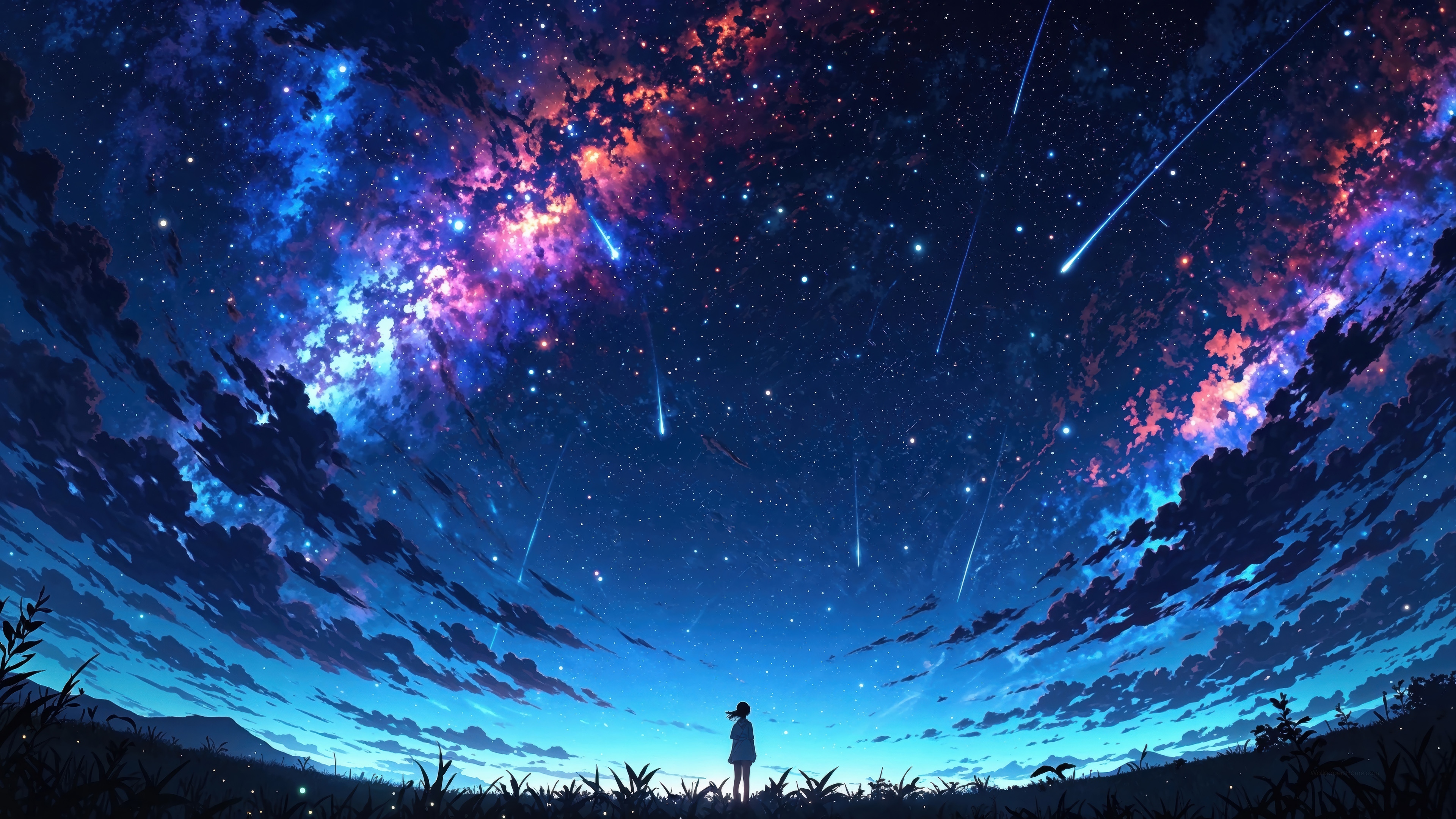 Anime girl watching shooting stars in the Milky Way 4K HD Wallpaper