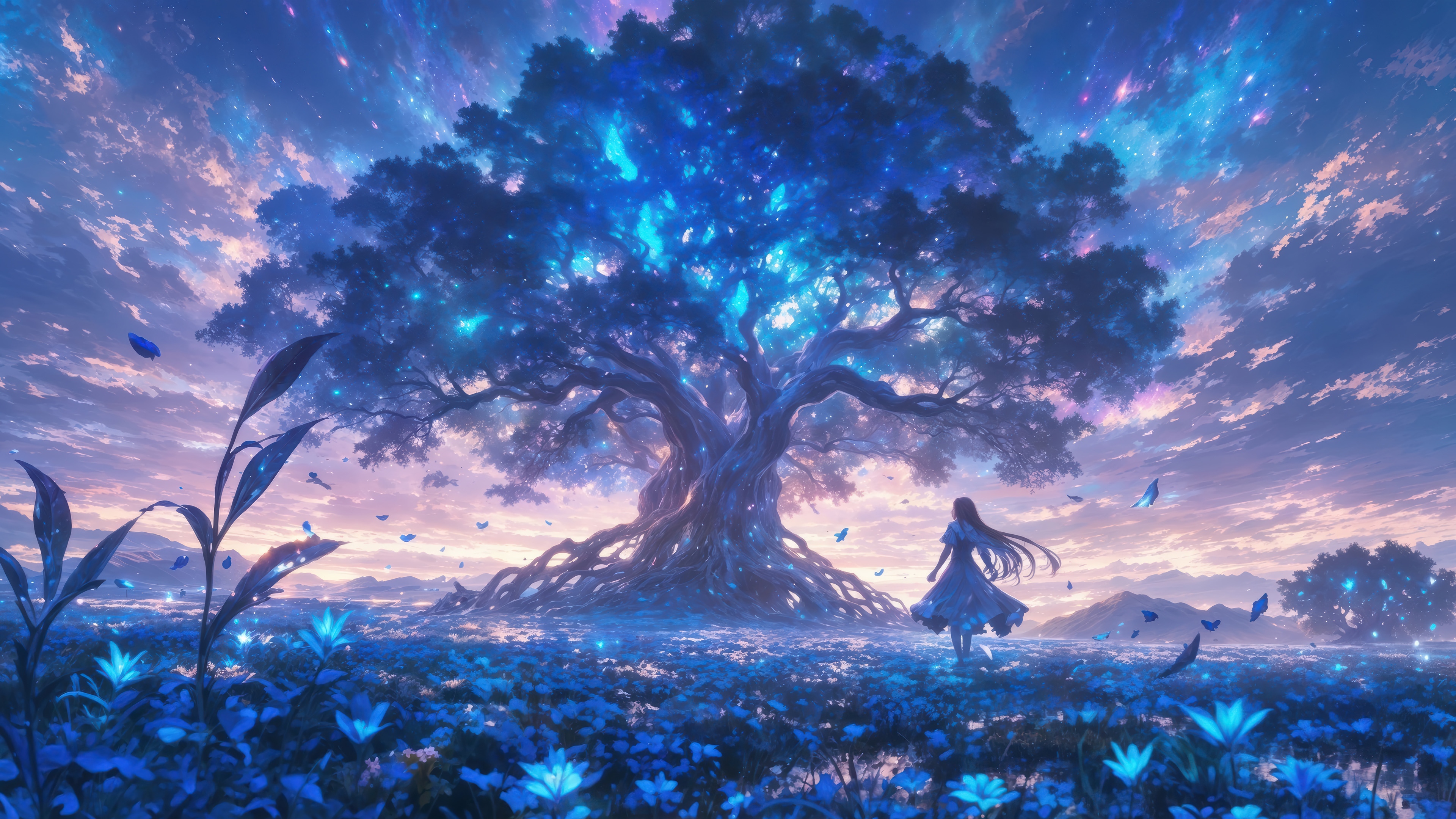 Fantasy Tree with Flowers and Girl 4K HD Wallpaper