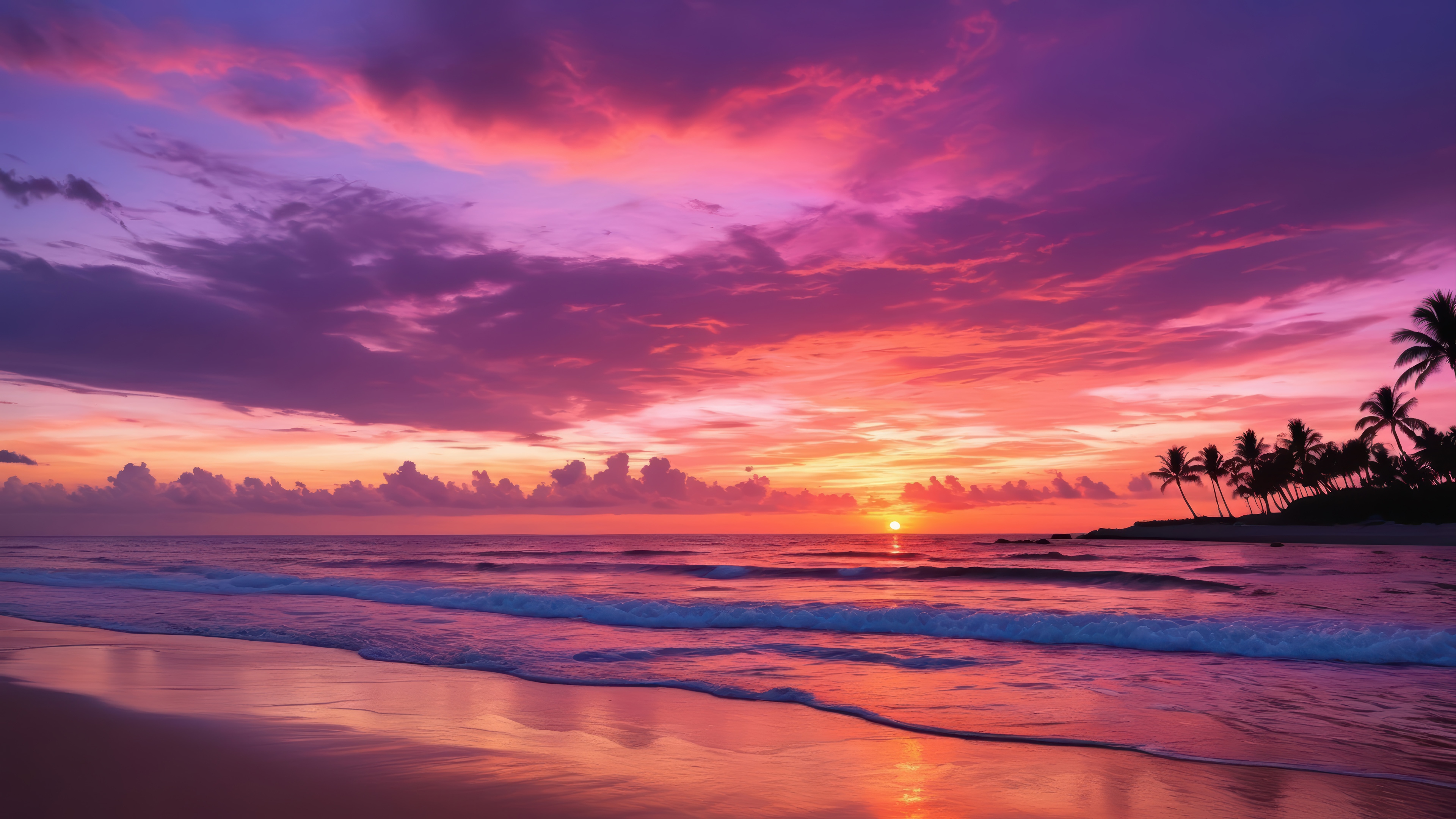 Beach with Waves and Sunset Scenery 4K HD Wallpaper