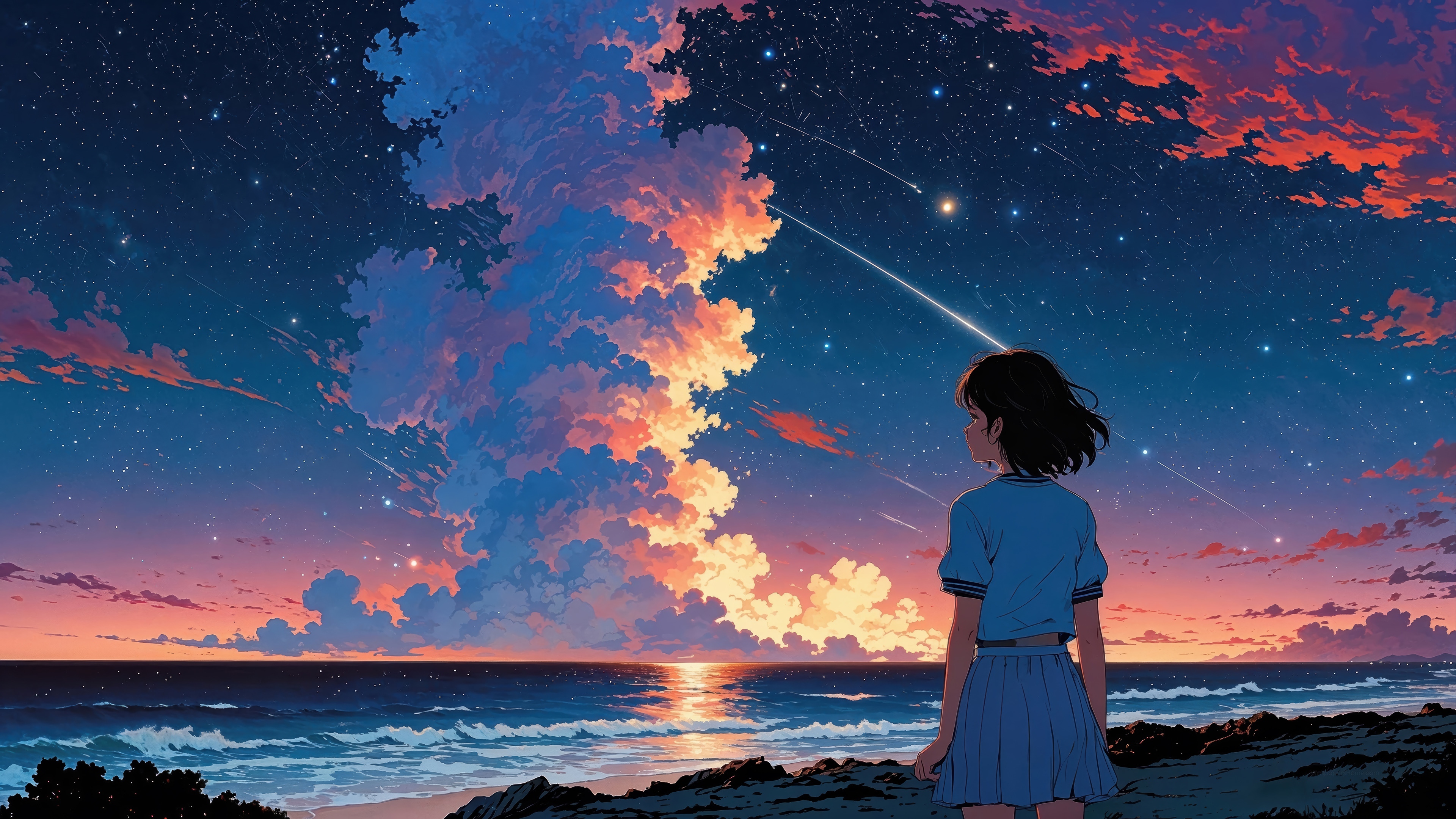 Anime Girl on Beach Watching Sunset Clouds and Stars HD Wallpaper
