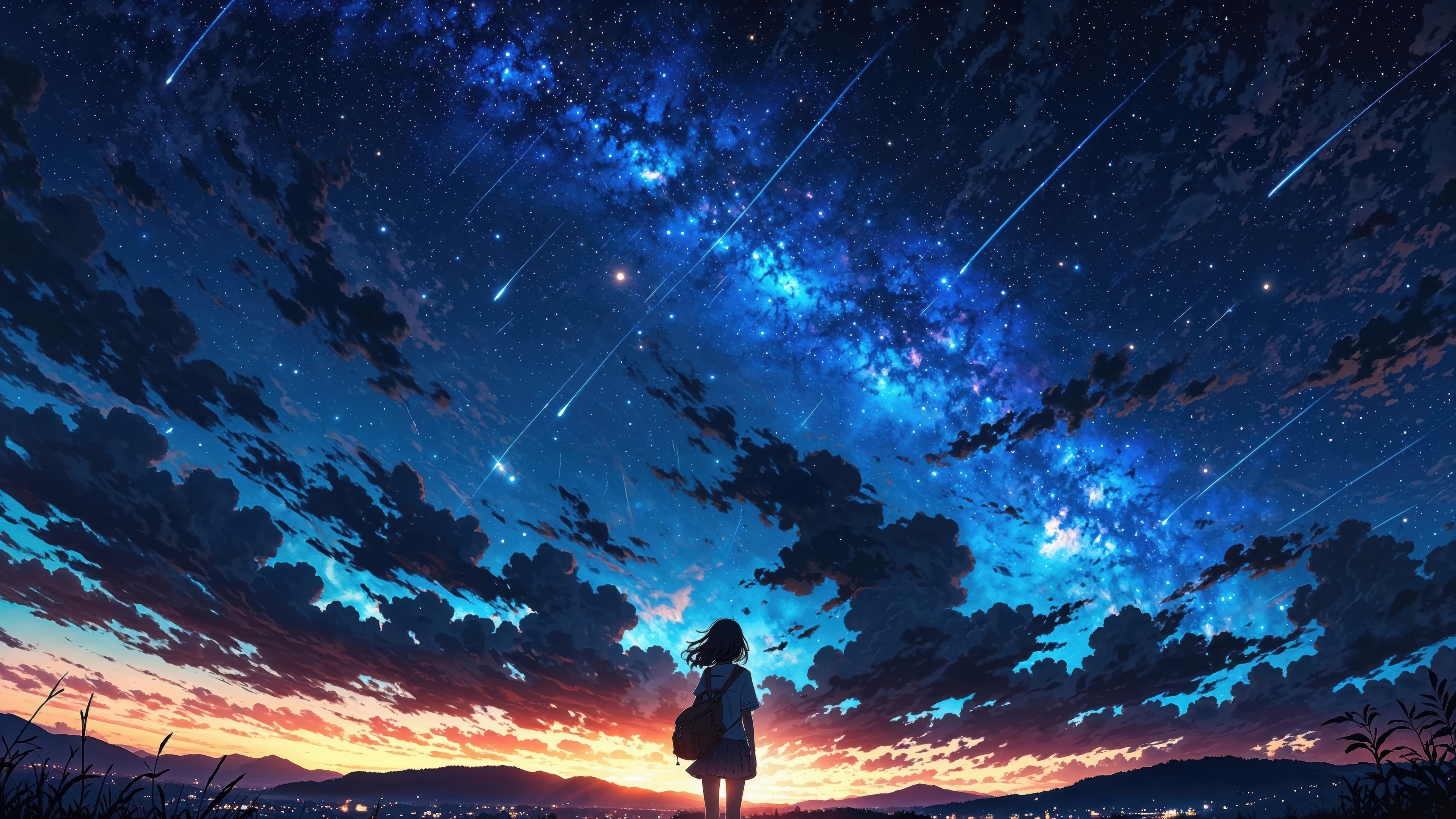 Anime Girl Watching Meteor Shower Over City HD Wallpaper