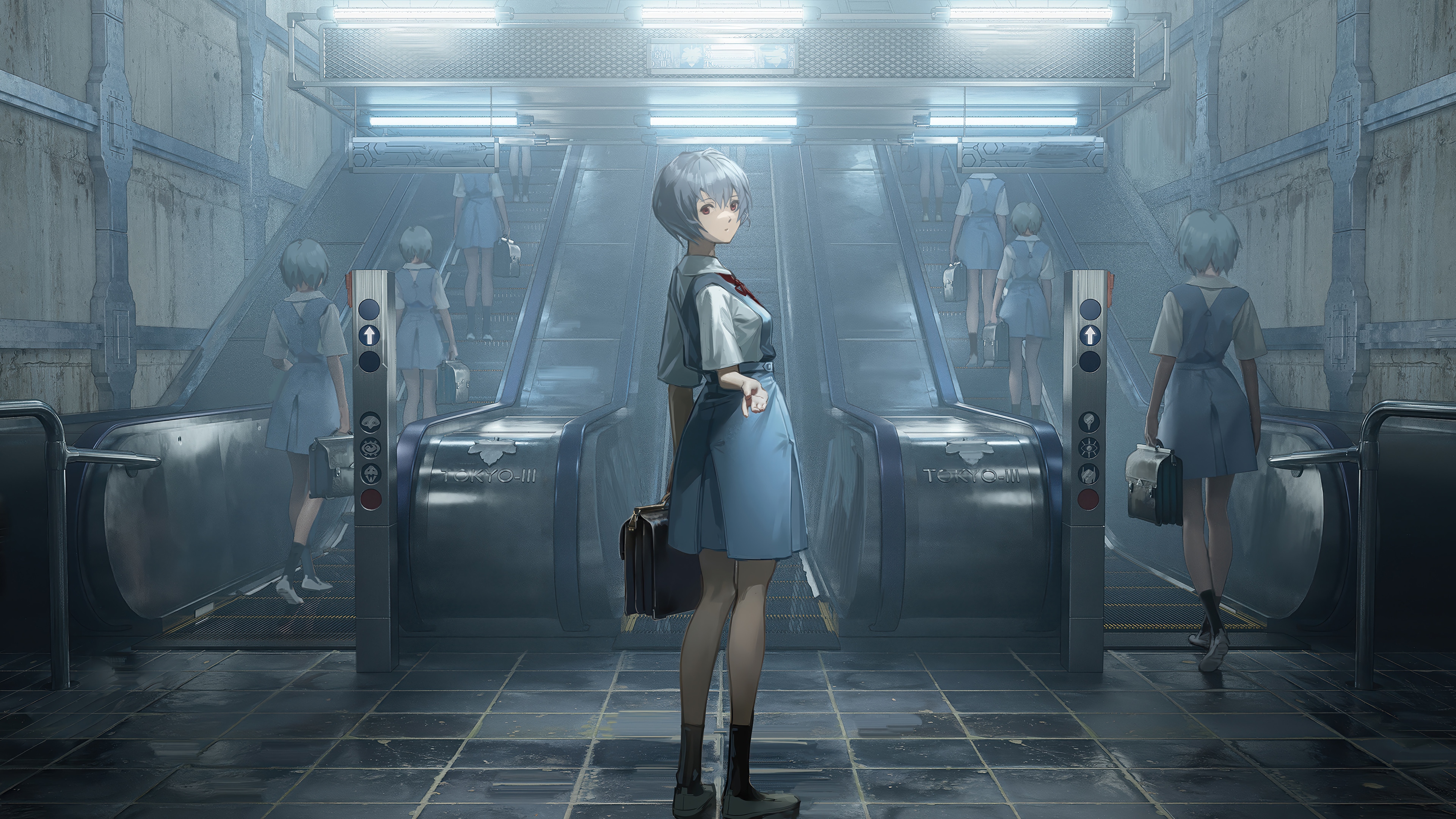 Rei Ayanami in a subway station 4K HD Wallpaper