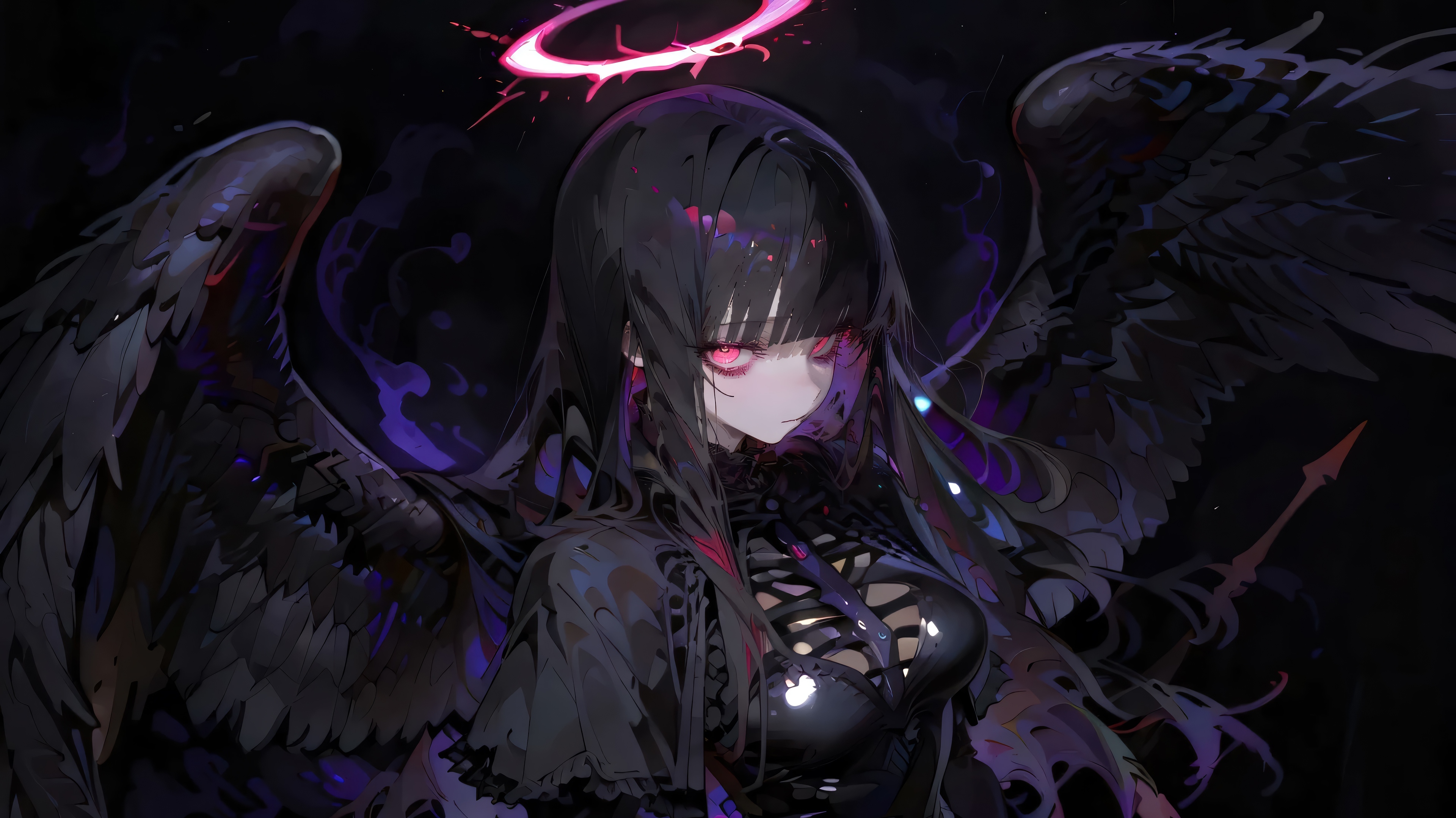 Anime Girl with Black Wings and Red Eyes 4K HD Wallpaper