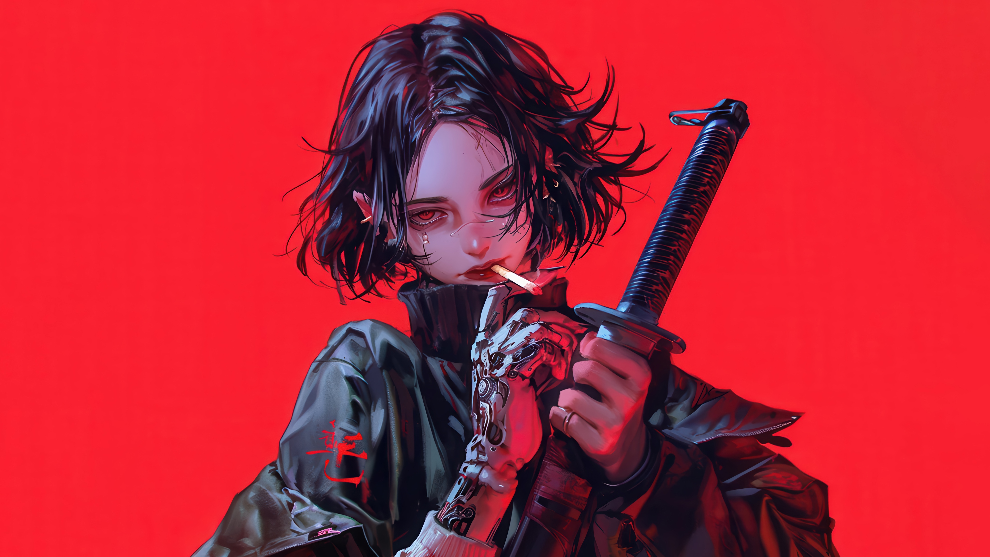 Anime Girl Smoking with Katana 4K HD Wallpaper