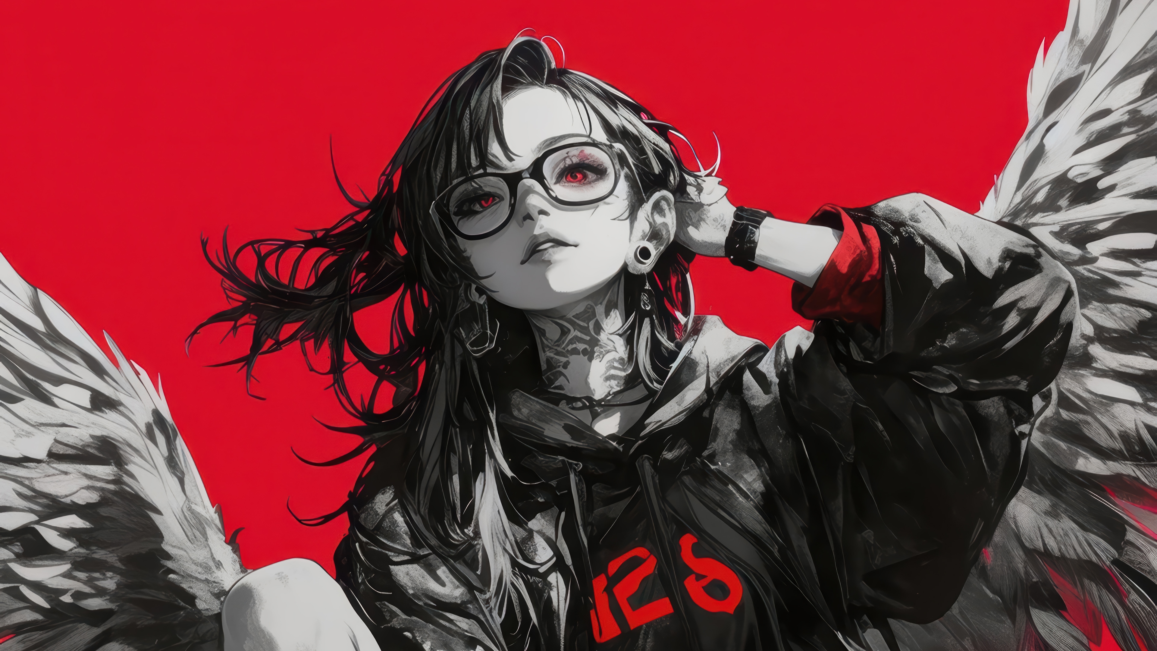 Anime Girl with Wings and Red Eyes 4K HD Wallpaper
