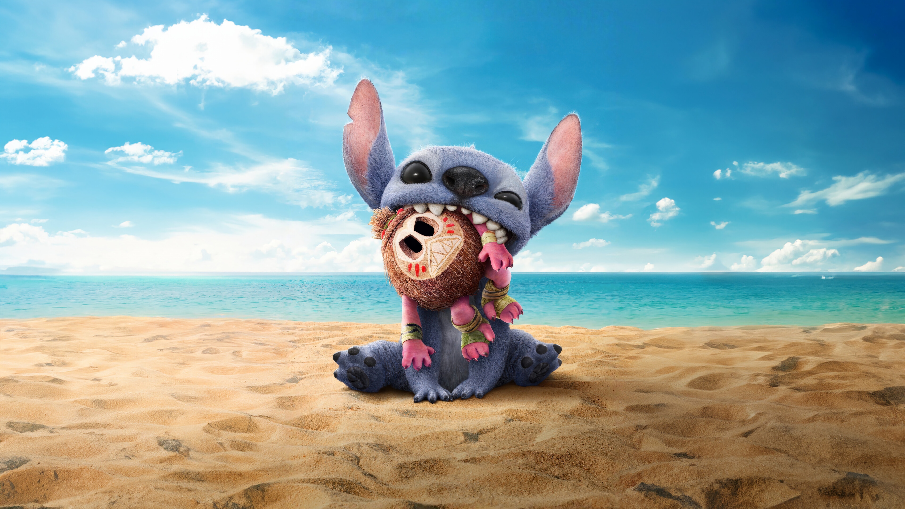 Stitch eating a coconut on the beach 4K HD Wallpaper