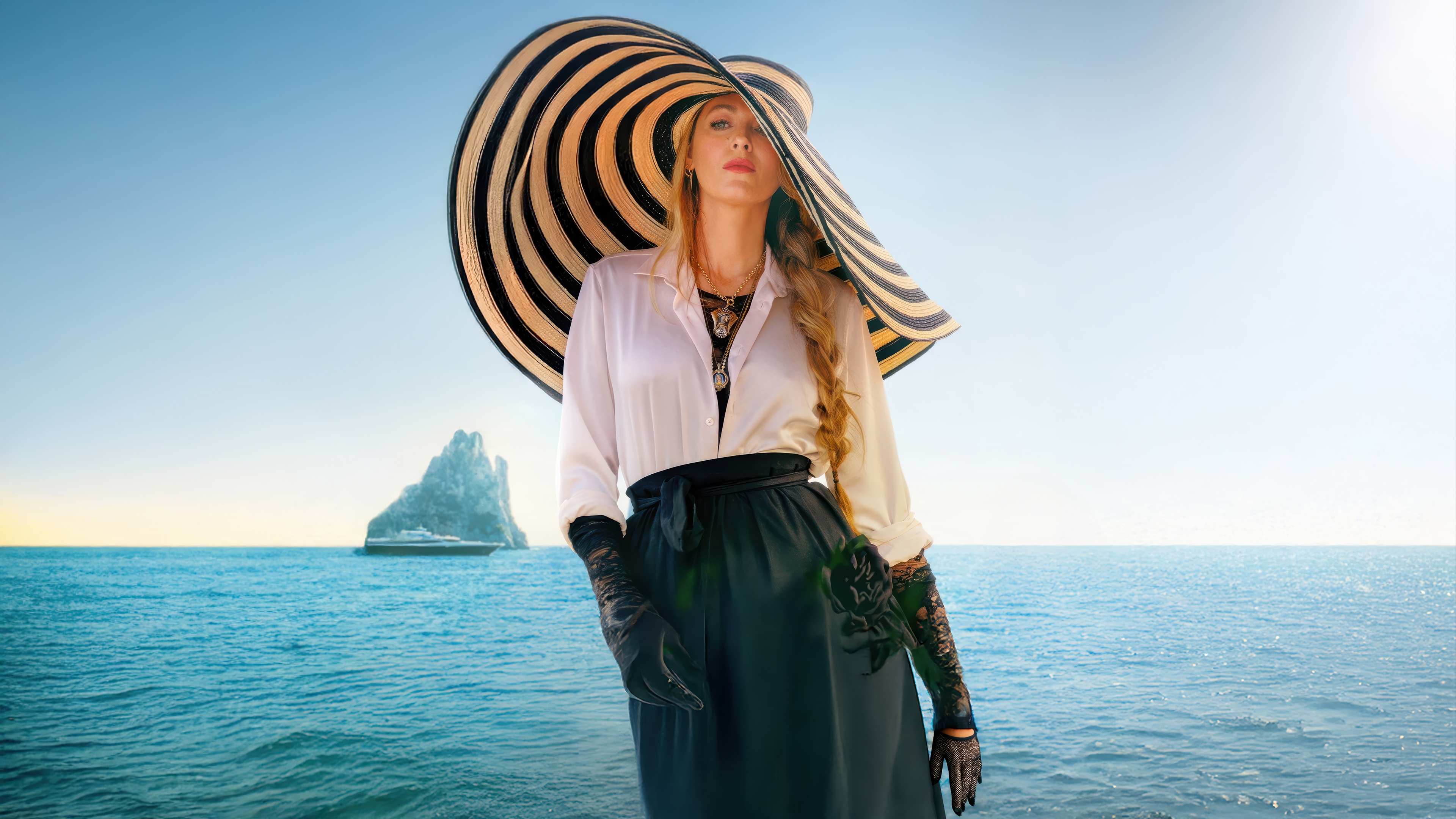 Blake Lively in a large hat on the ocean HD Wallpaper