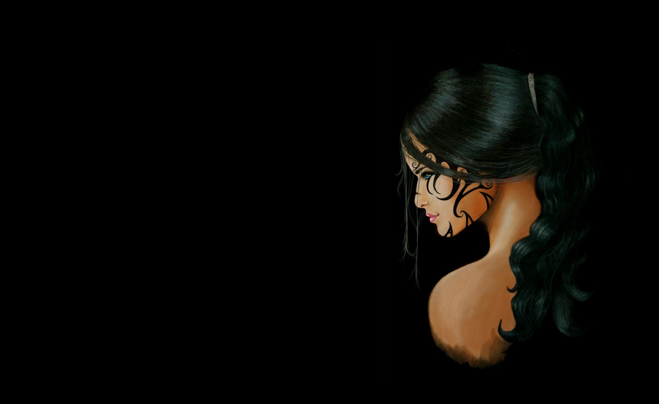 Artwork of a woman with facial tattoos in profile HD Wallpaper