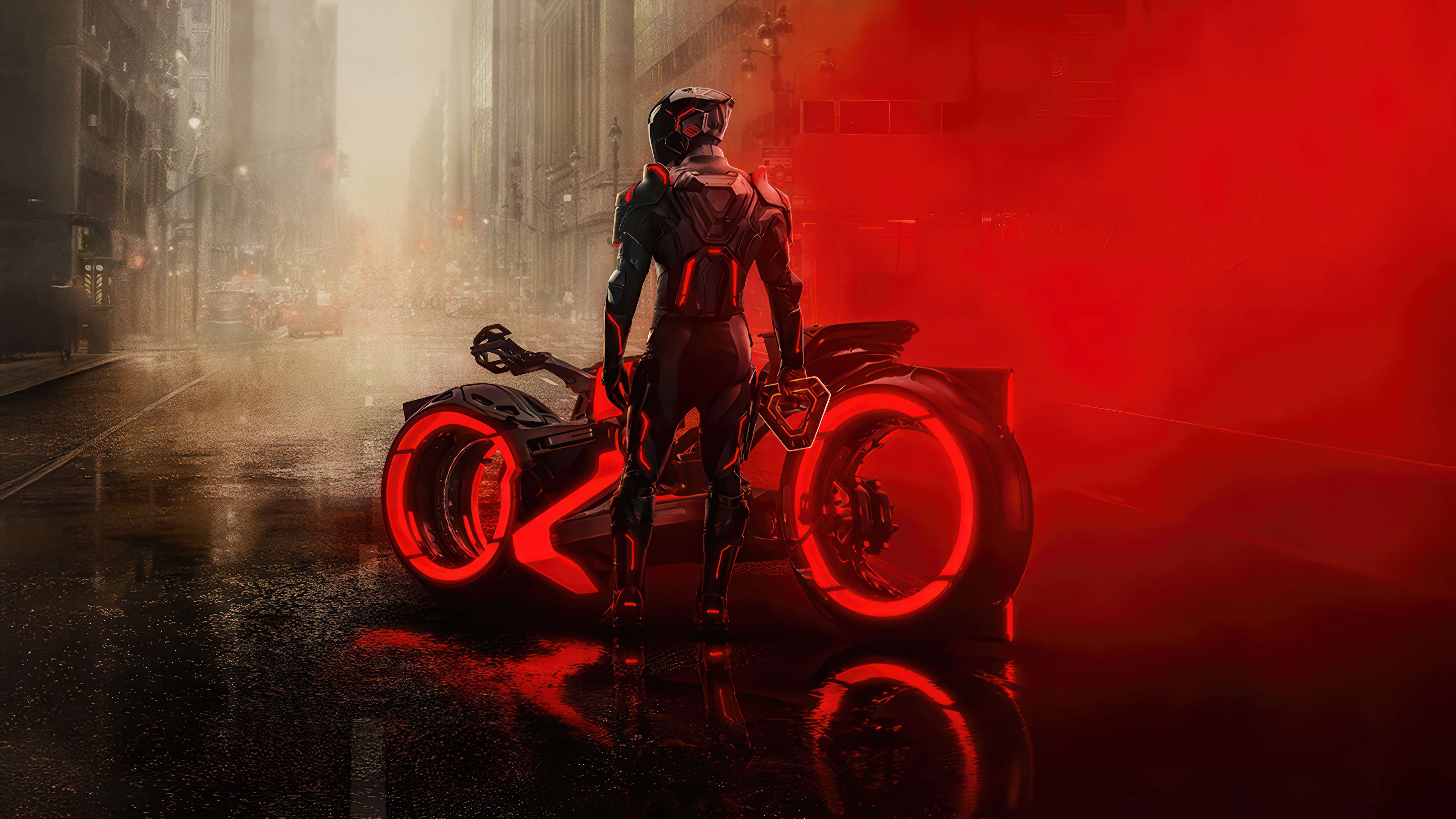 Tron: Ares Motorcycle Rider in Red Smoke HD Wallpaper