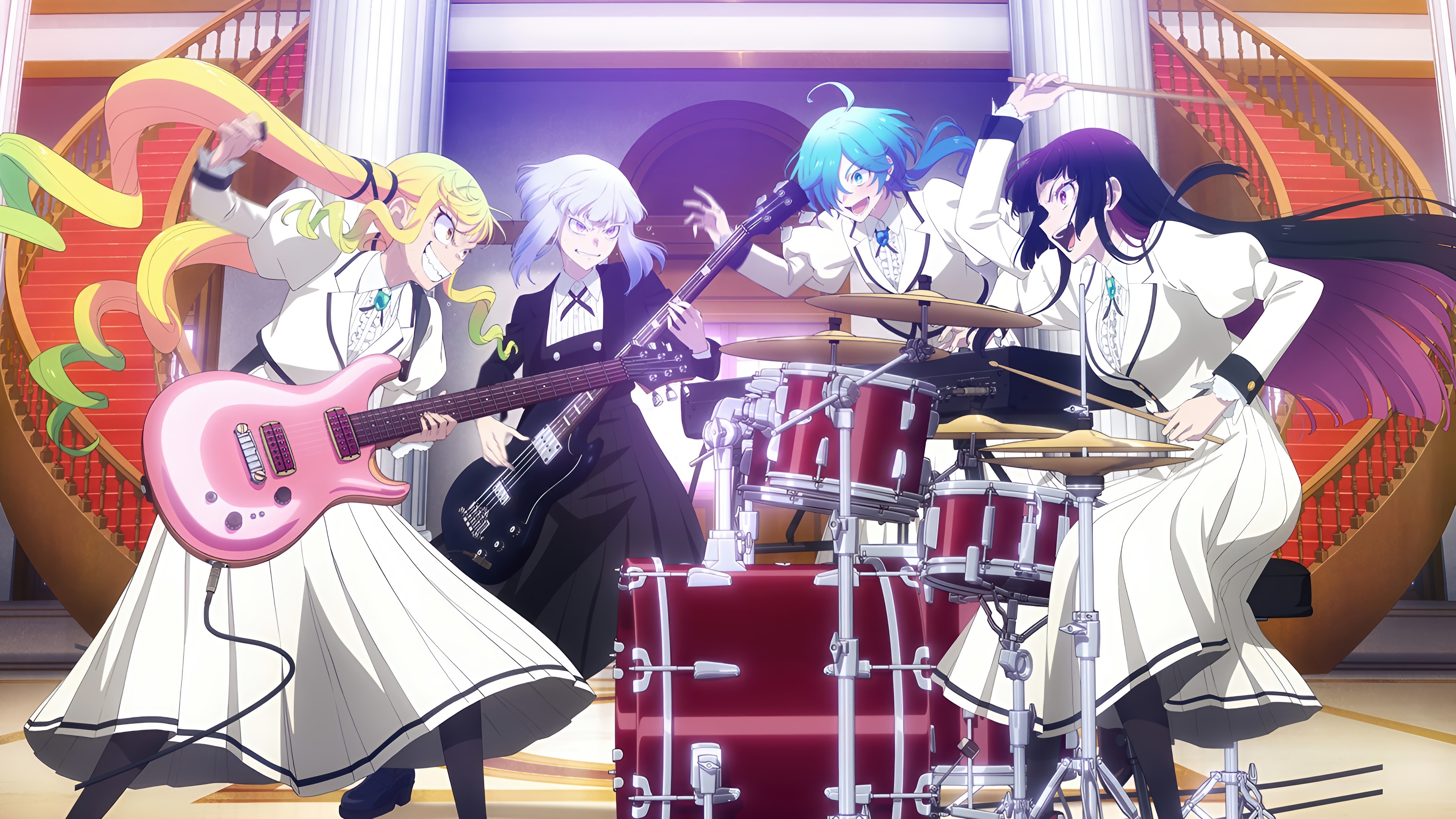 Anime Band Playing Instruments in a Grand Hall HD Wallpaper