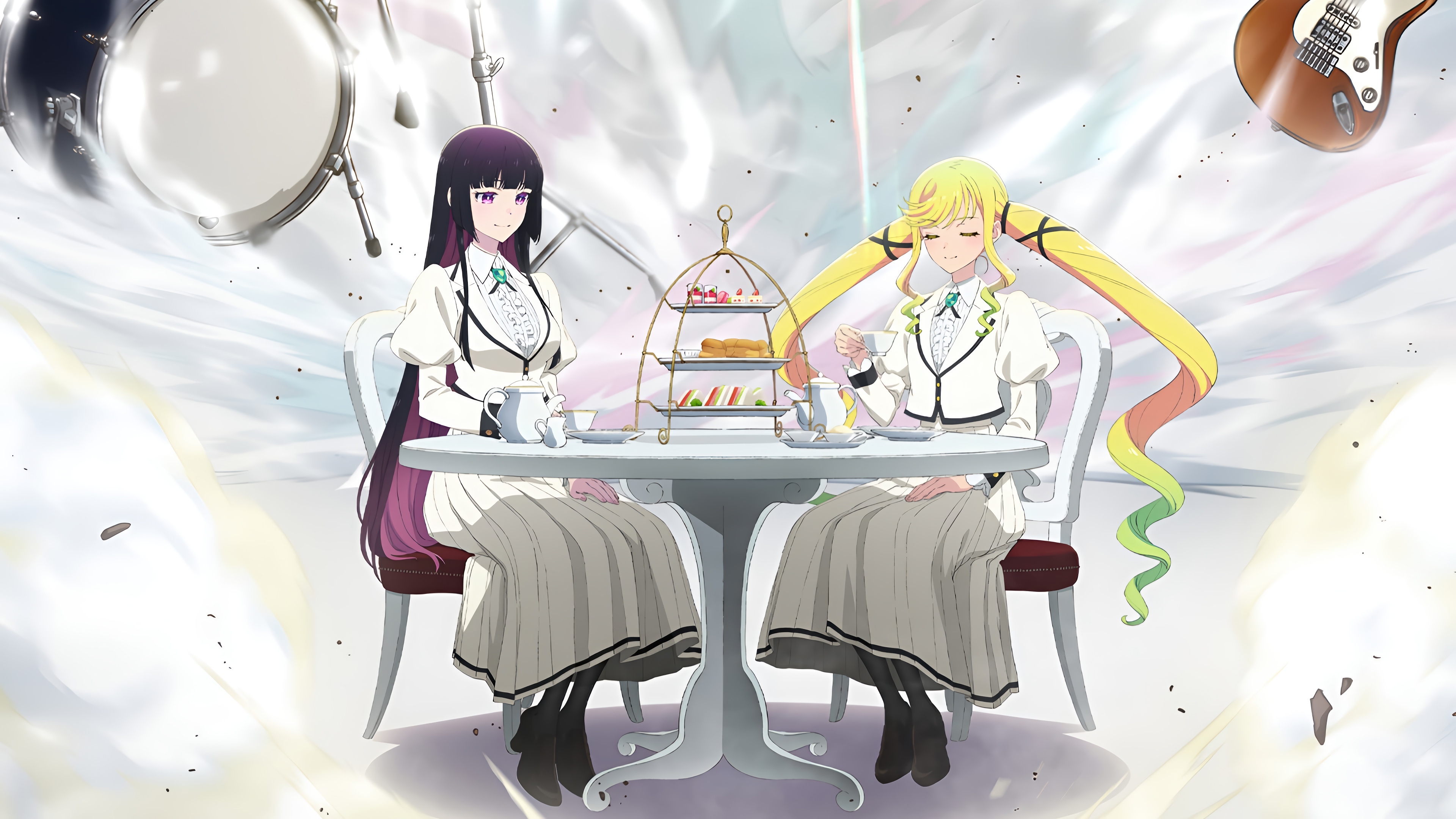 Anime girls having tea with musical instruments HD Wallpaper