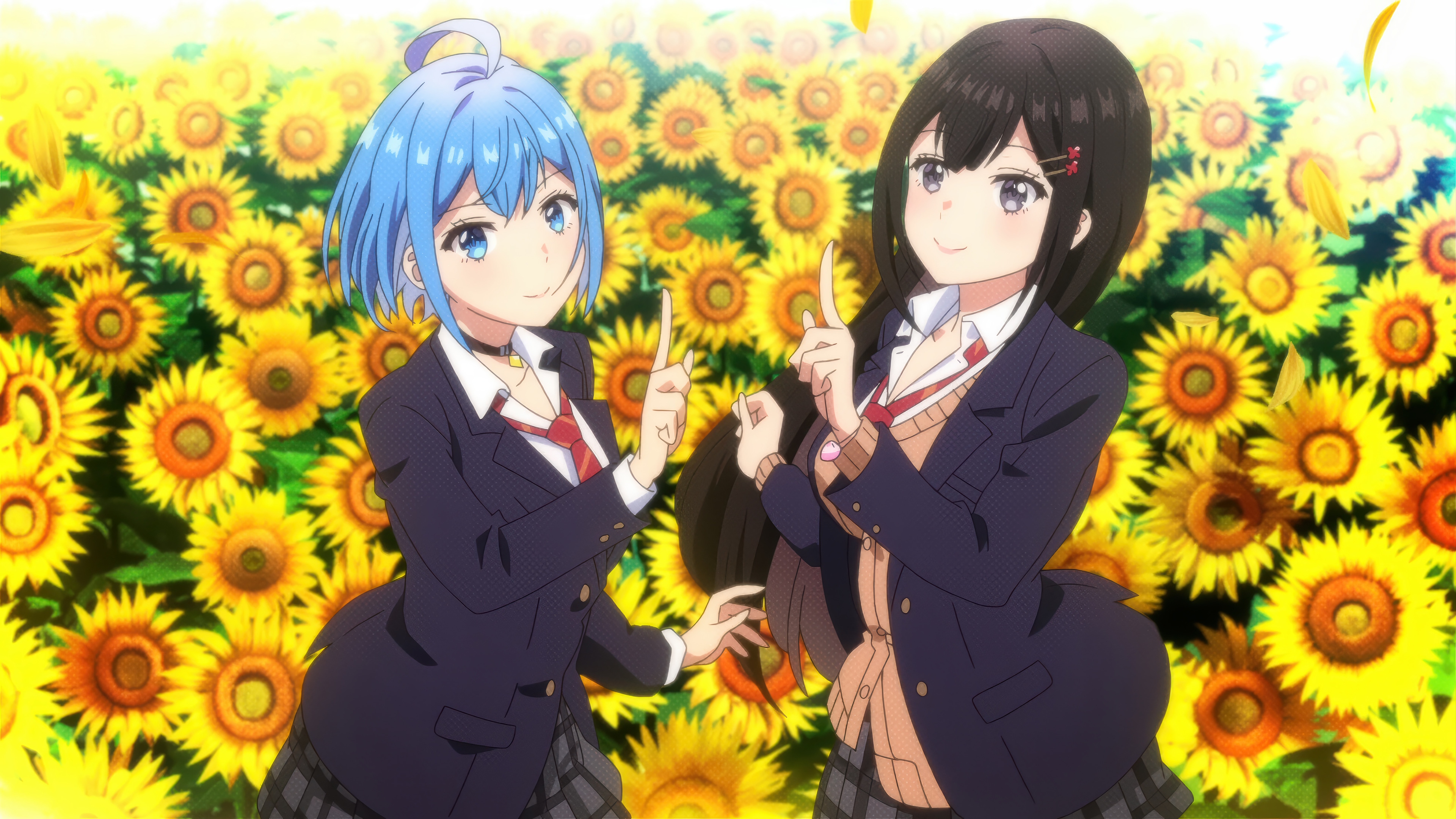 Anime girls in a sunflower field HD Wallpaper