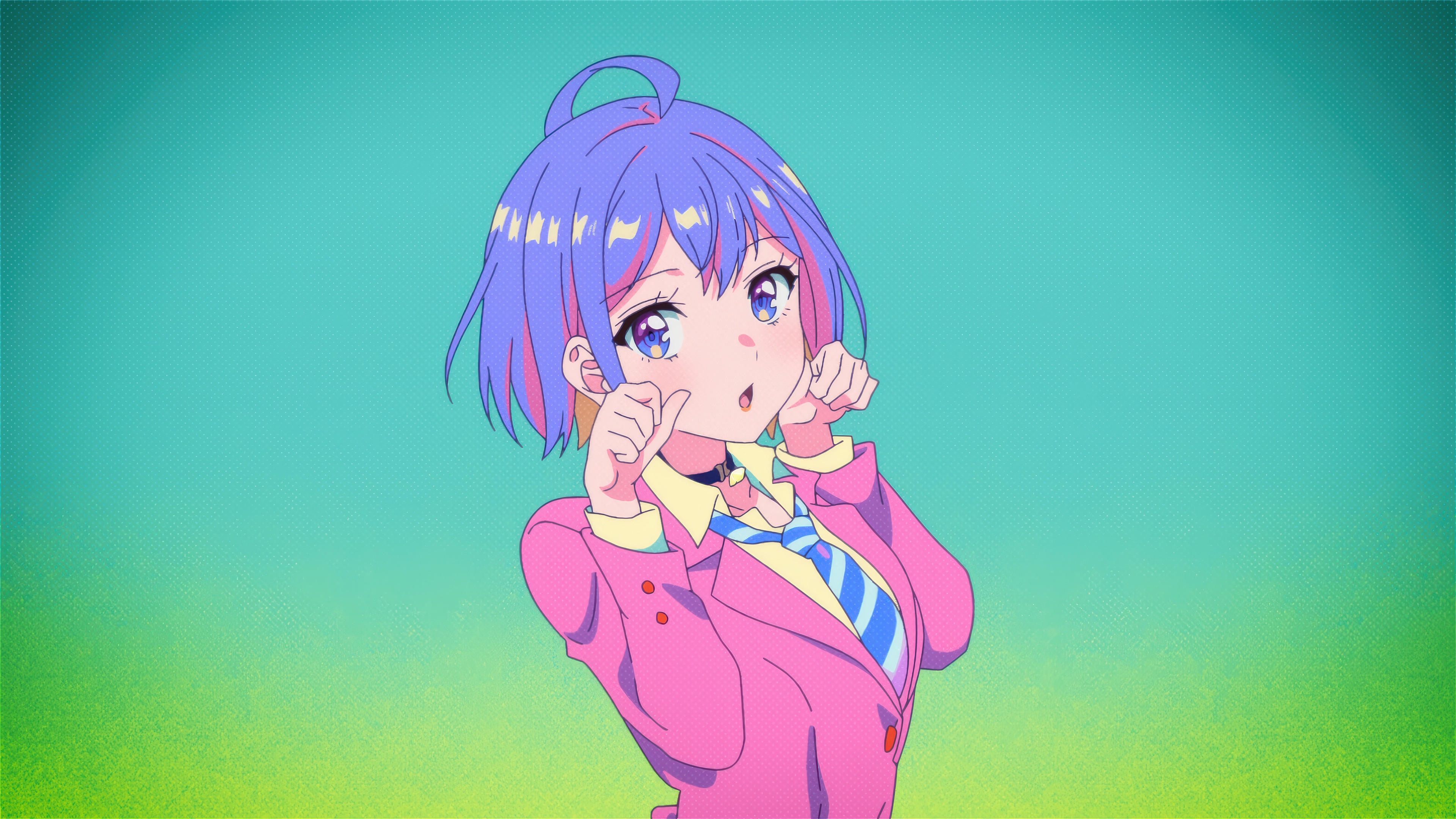 Anime girl with purple hair in a pink jacket HD Wallpaper
