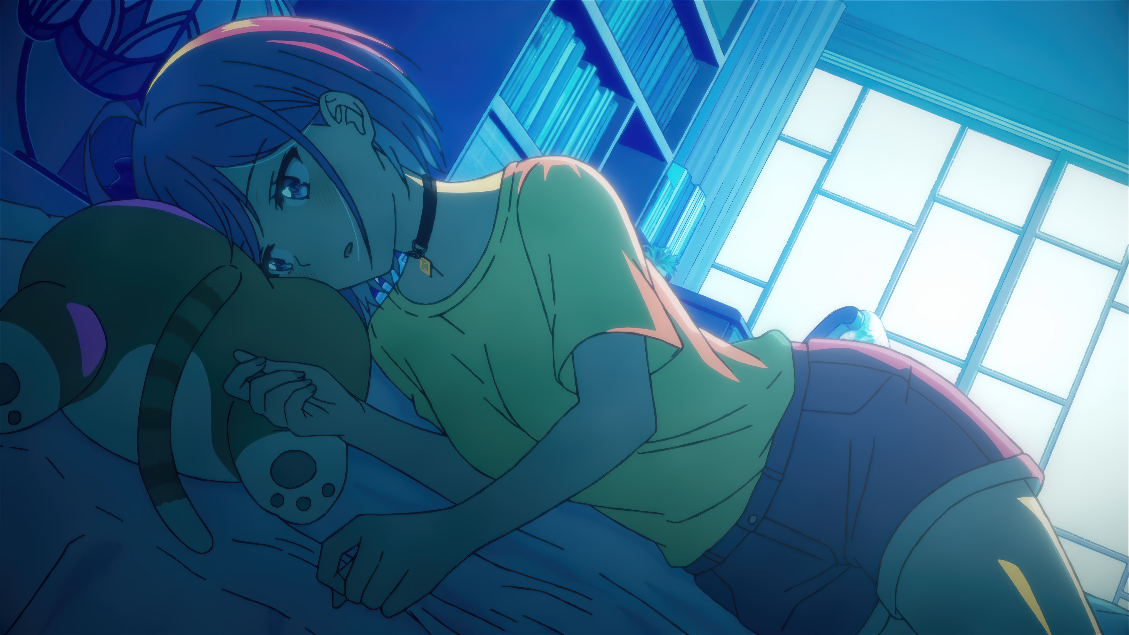 Anime girl with plush toy in room 4K HD Wallpaper