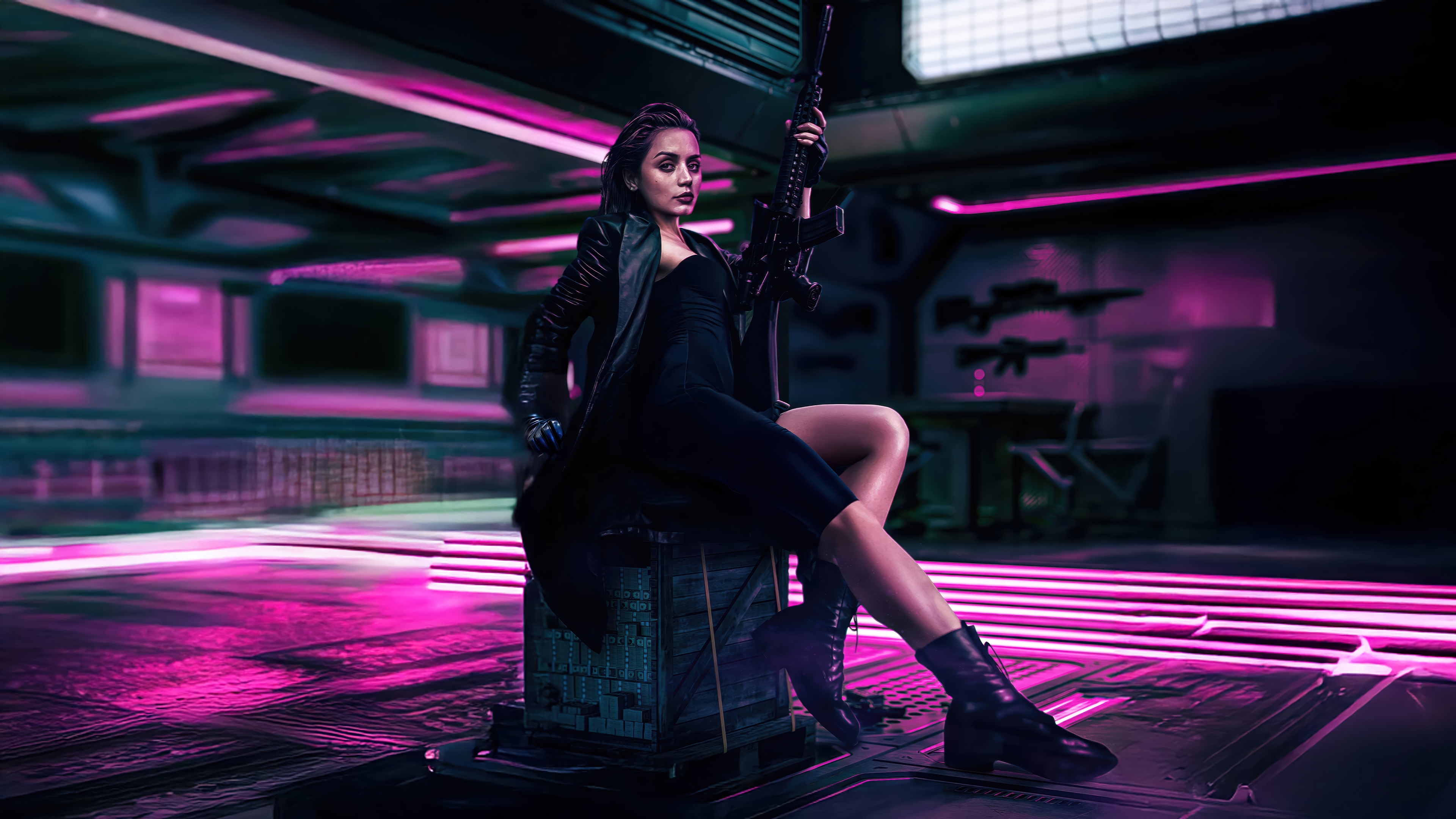 Ana de Armas in a futuristic setting with guns HD Wallpaper
