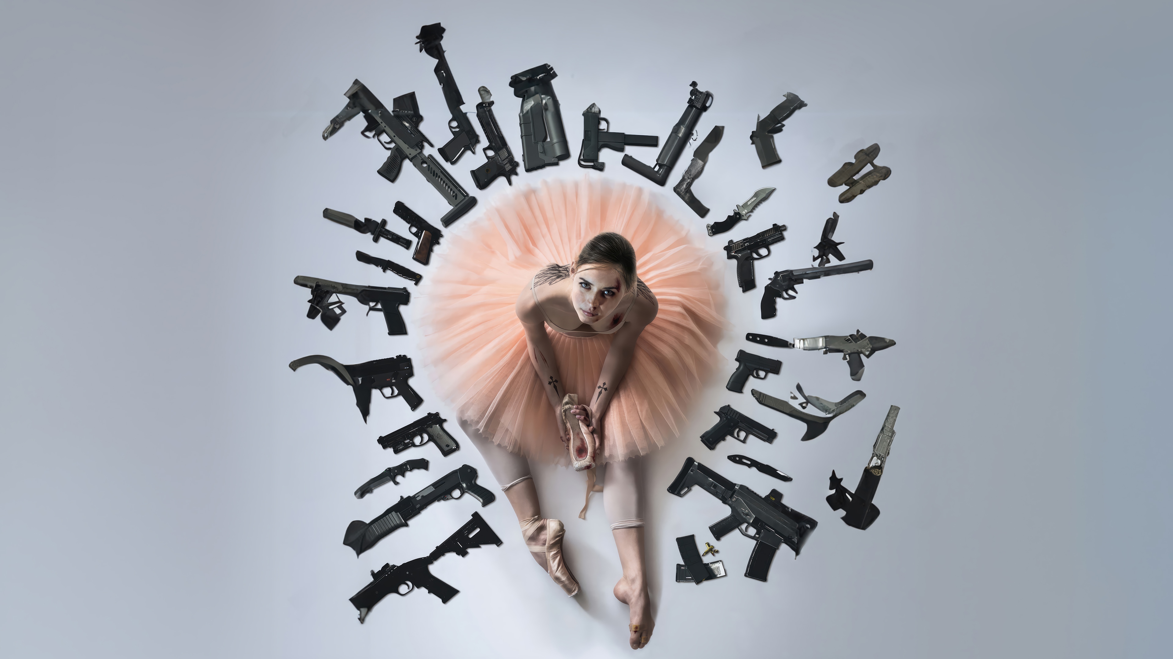 Ballerina surrounded by guns HD Wallpaper