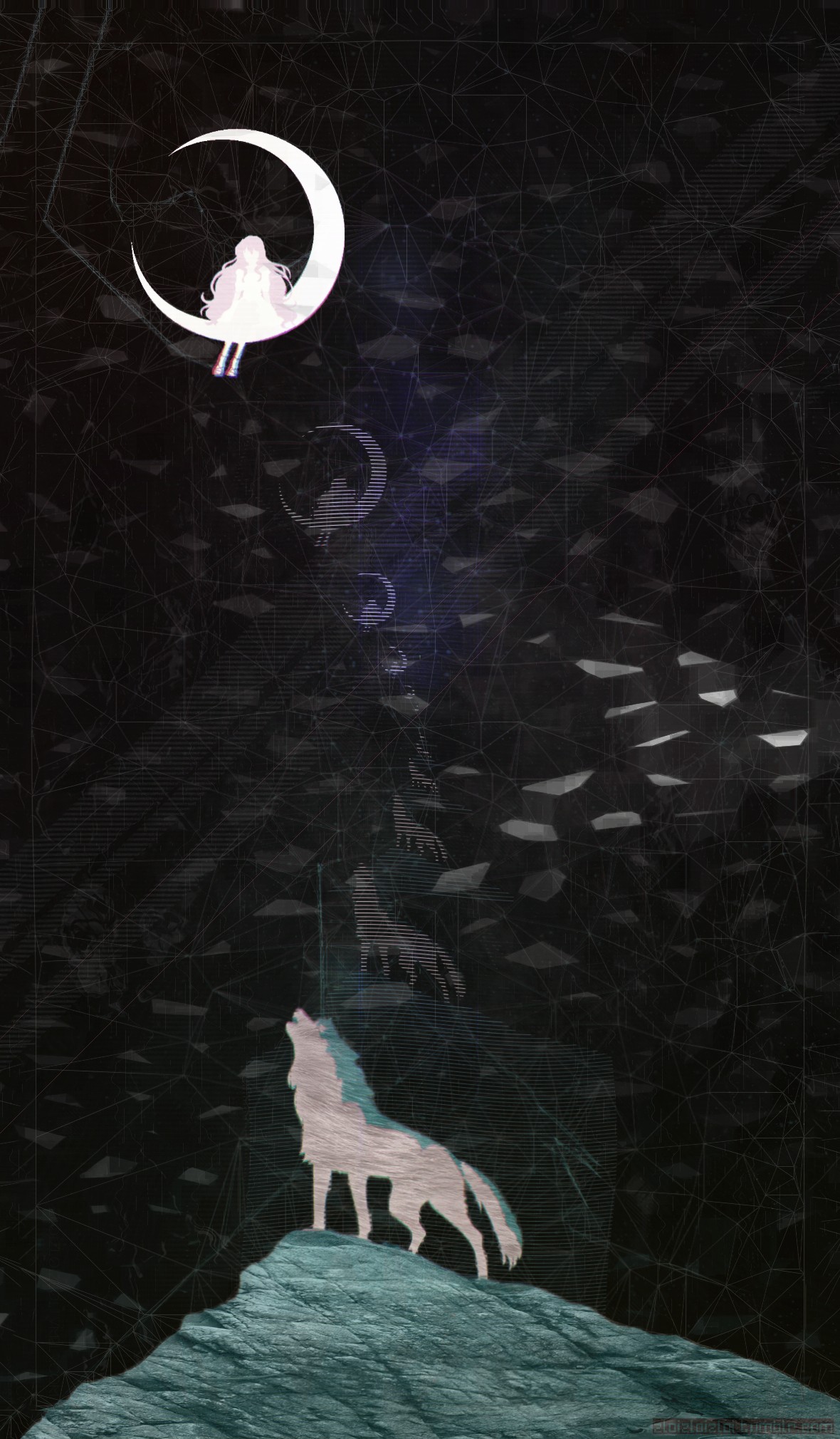 Girl on moon and wolf howling at night HD Wallpaper