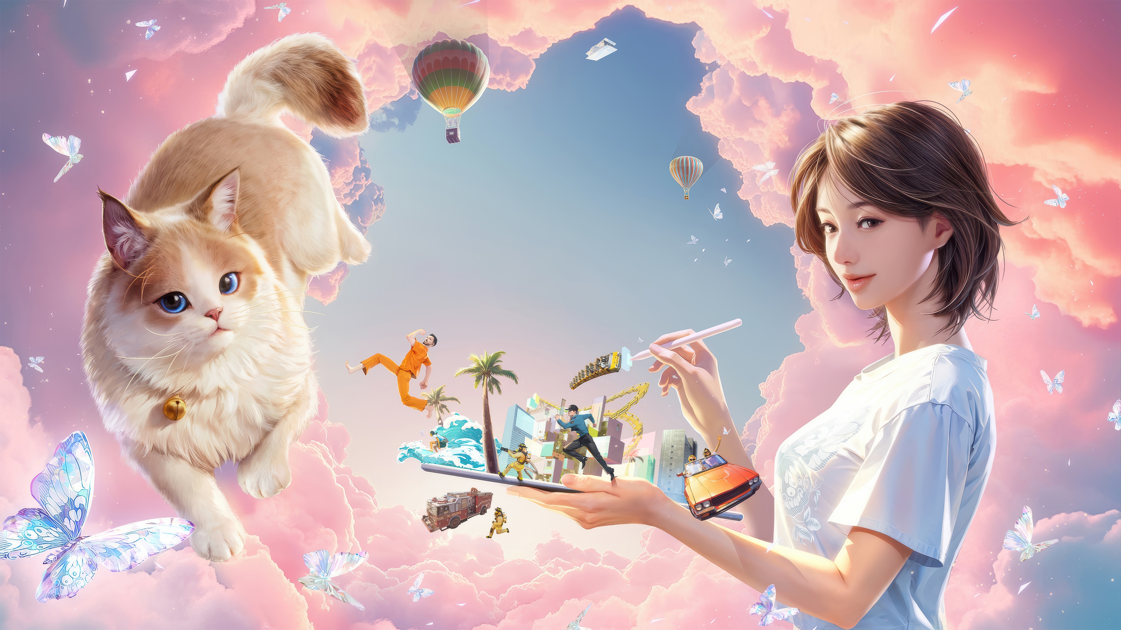 inZOI 4K: Girl painting a dream world with cat and hot air balloons HD Wallpaper
