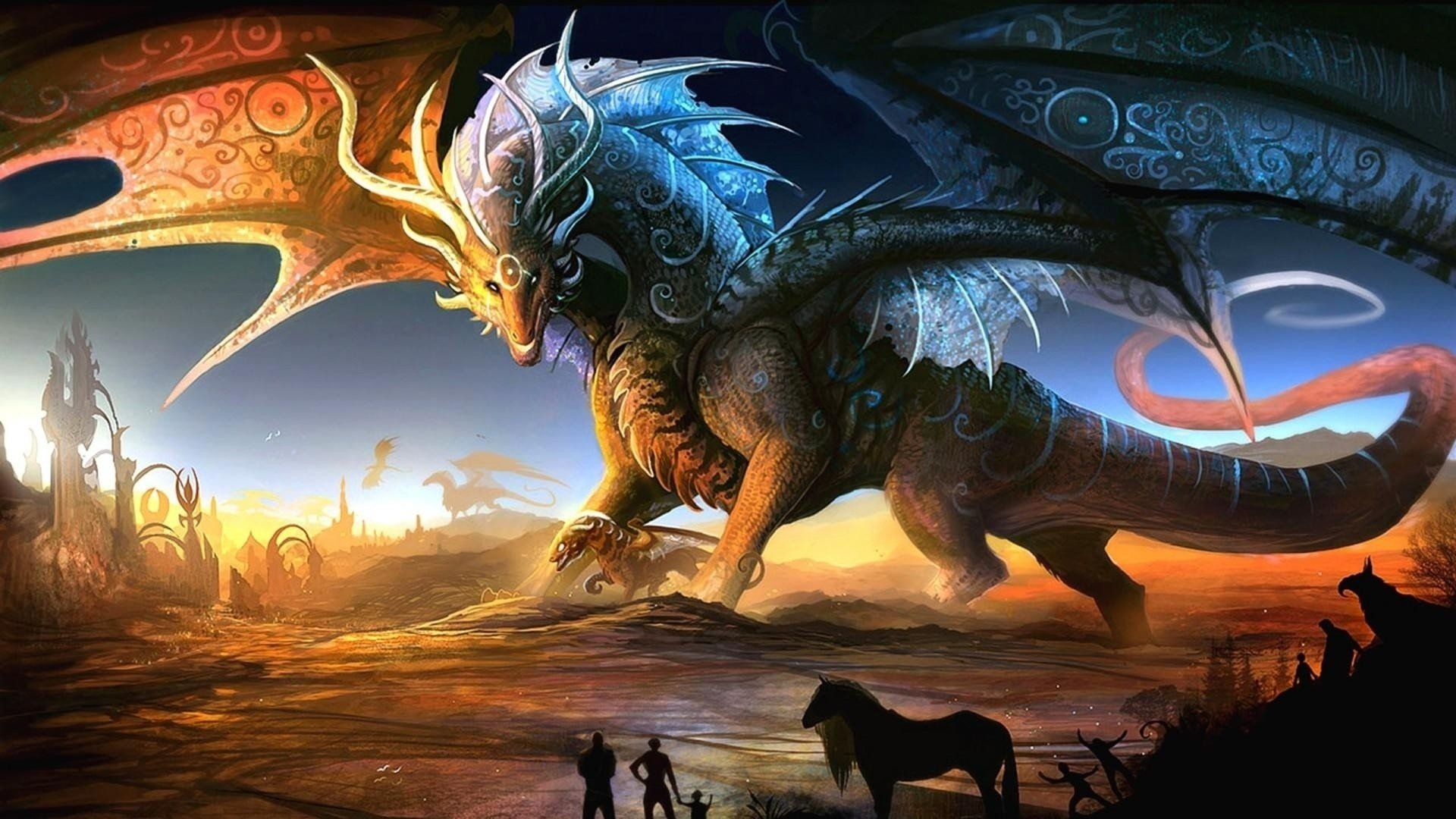 Fantasy art of a dragon and mythical creatures HD Wallpaper