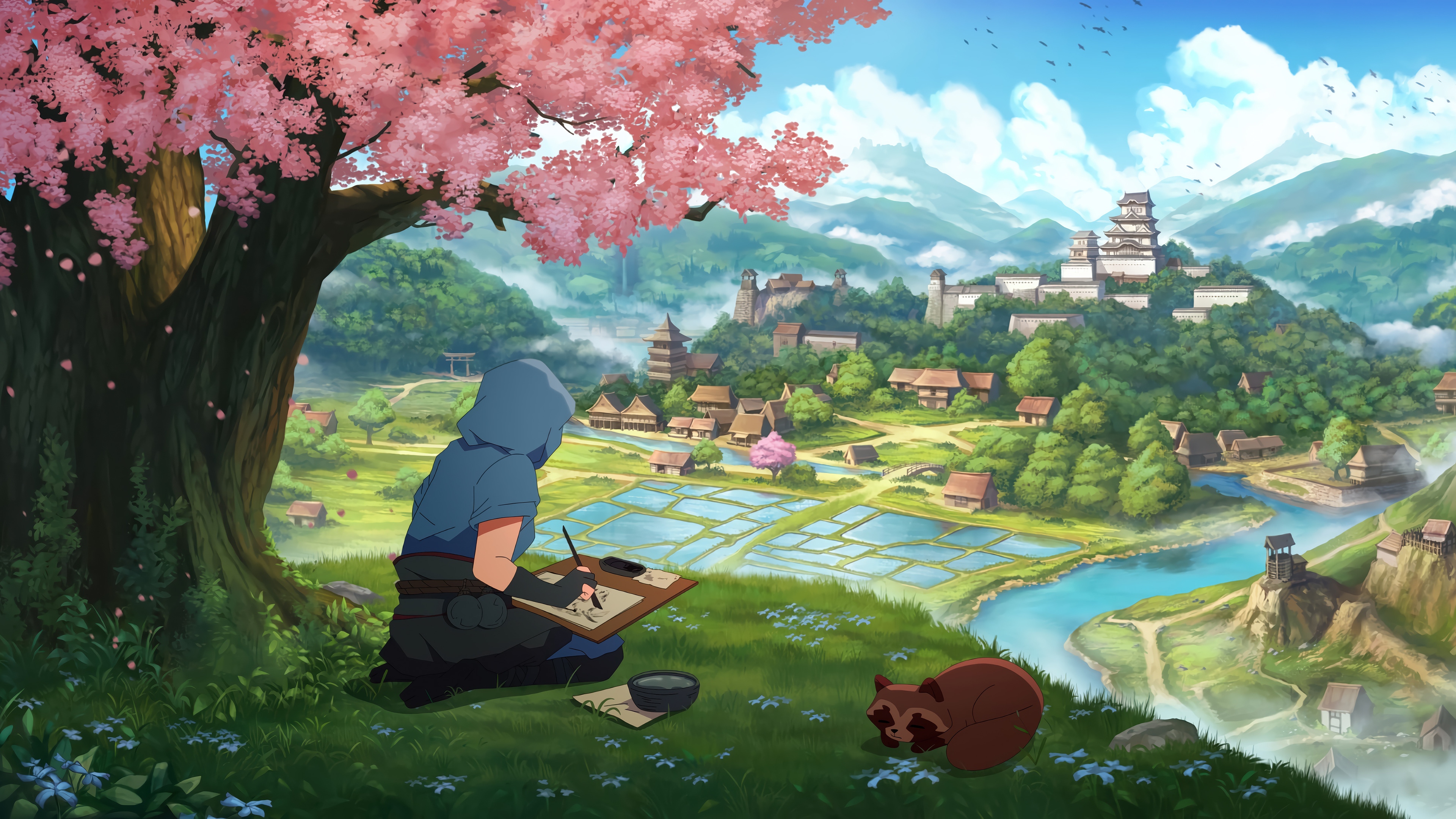 4K Lofi Anime Scene with Artist and Tanuki HD Wallpaper