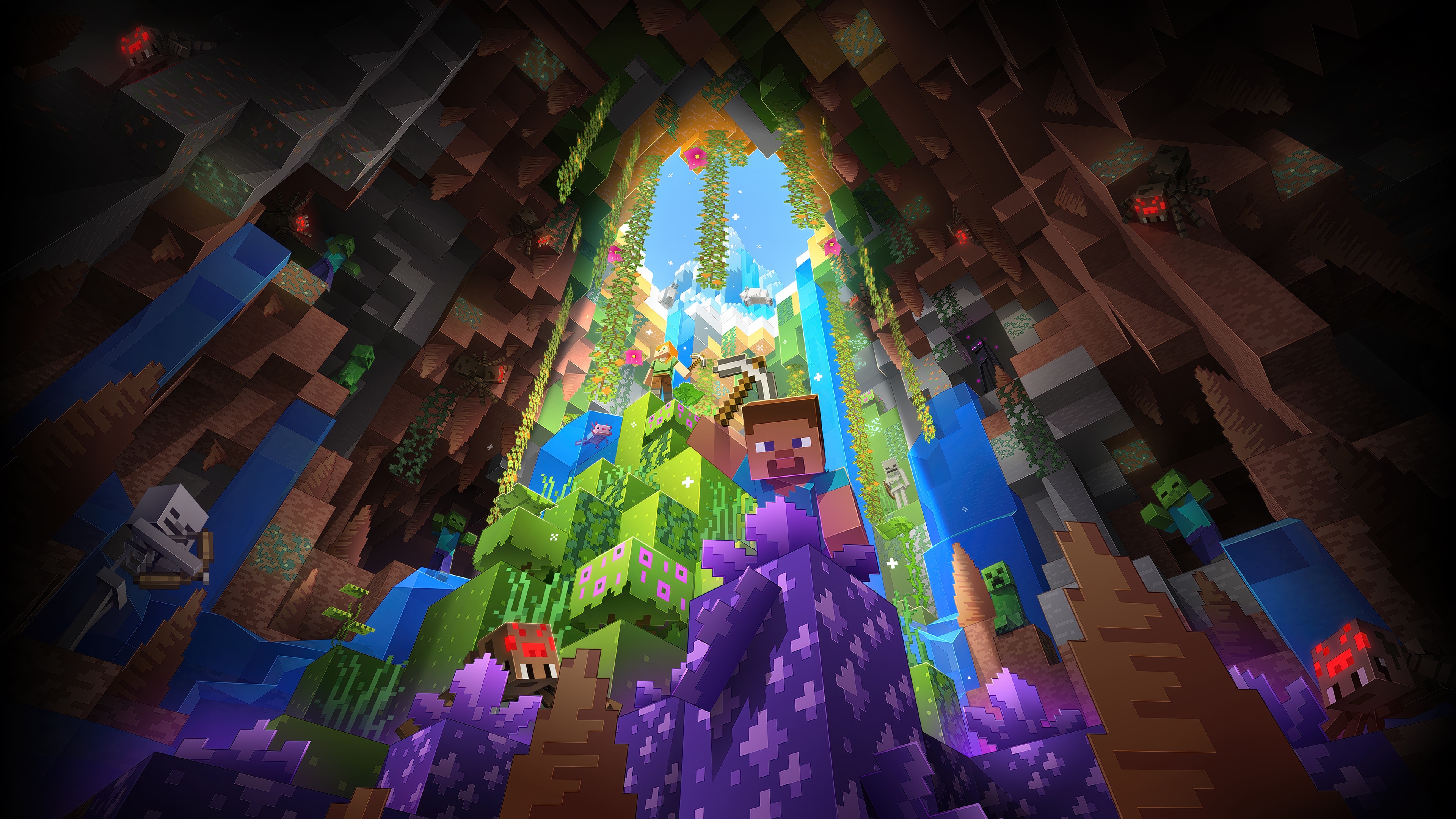 Minecraft 4K Cave Exploration with Steve HD Wallpaper