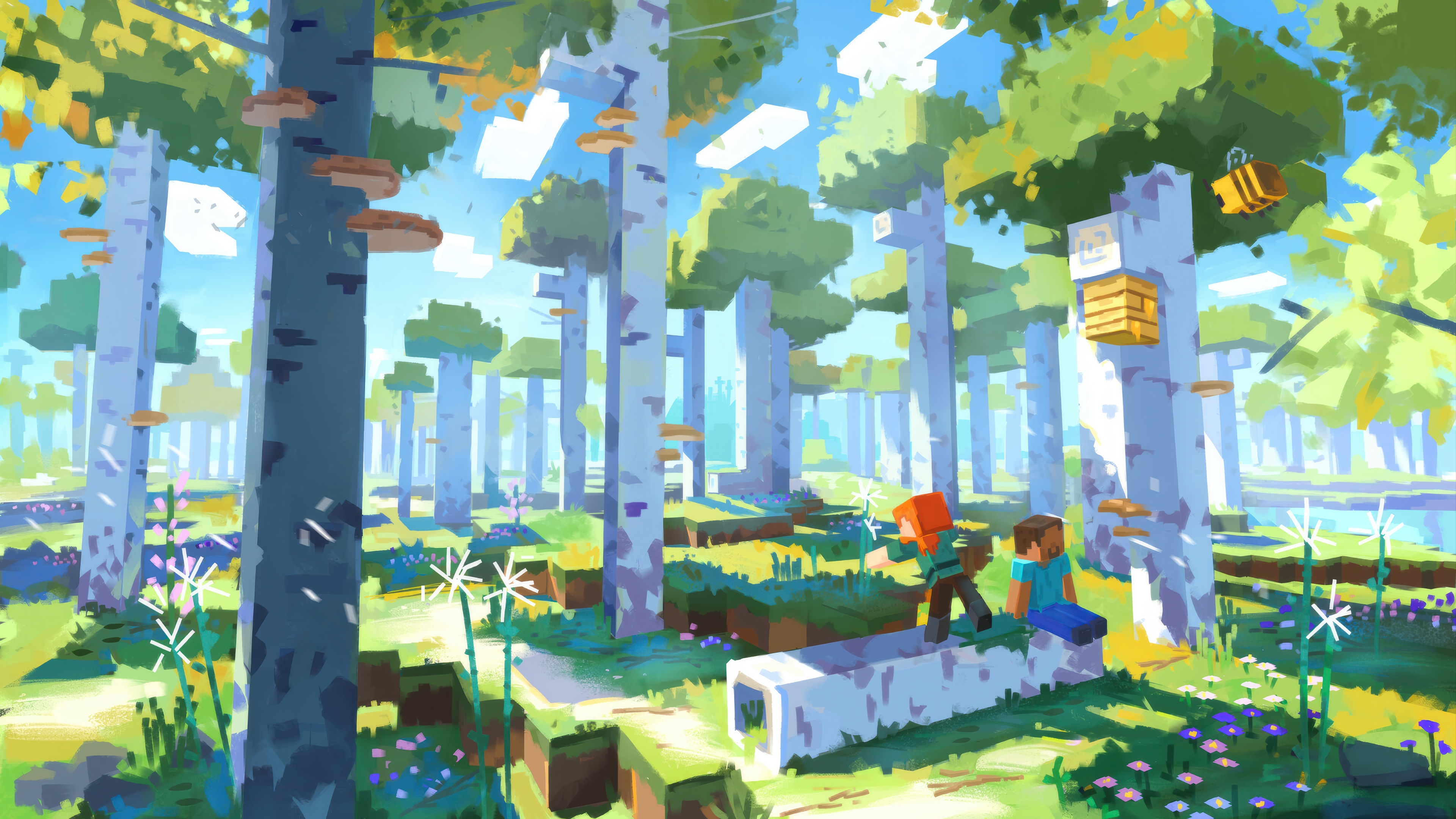 Minecraft Forest with Steve and Alex HD Wallpaper