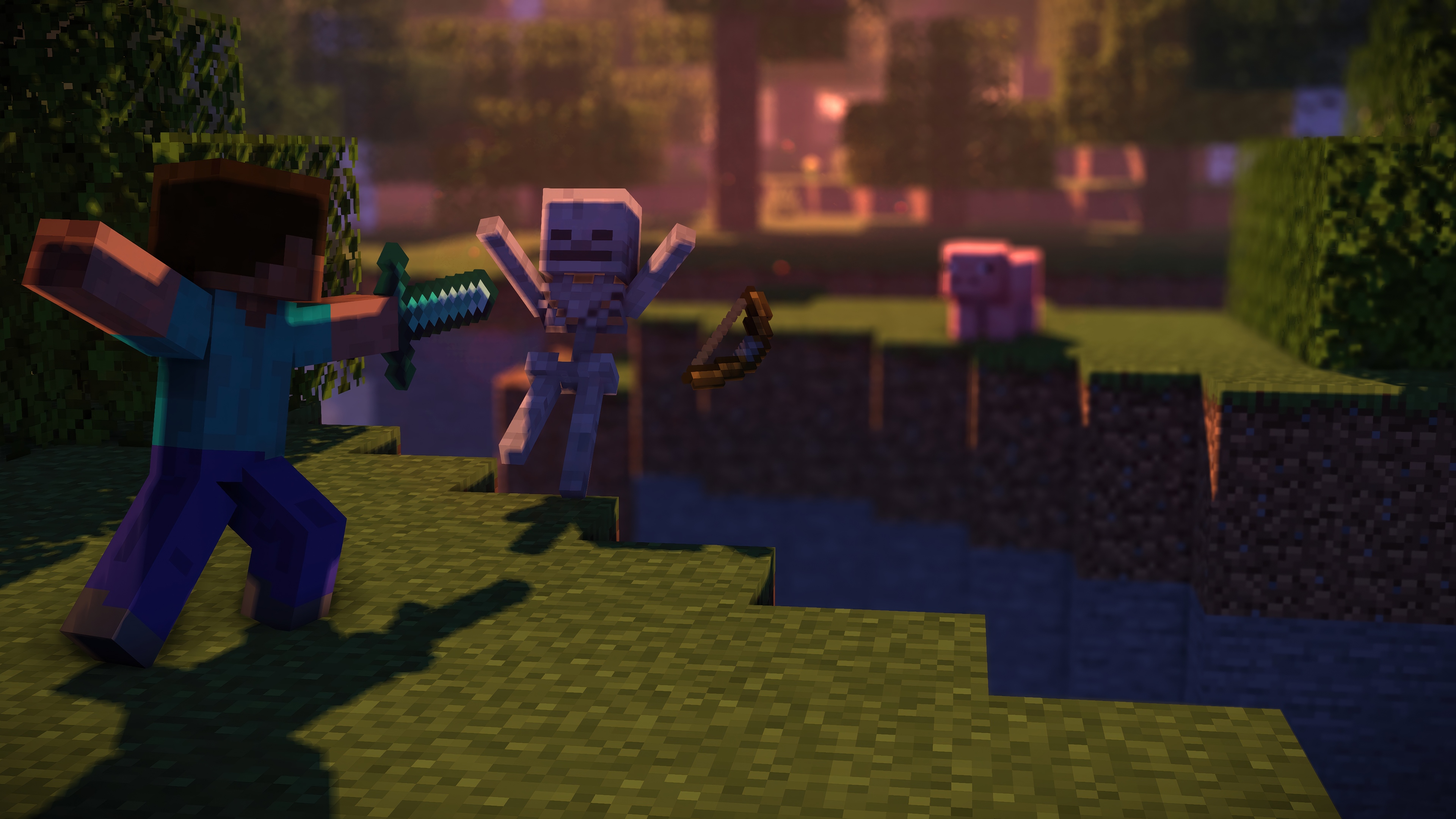 Minecraft: Steve fights a skeleton in a forest HD Wallpaper