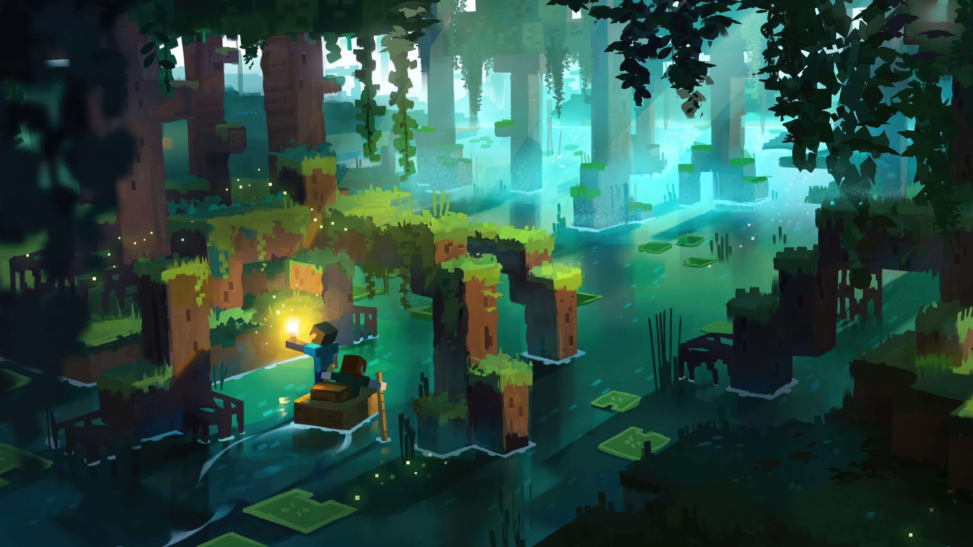 Minecraft swamp with two players in a boat HD Wallpaper