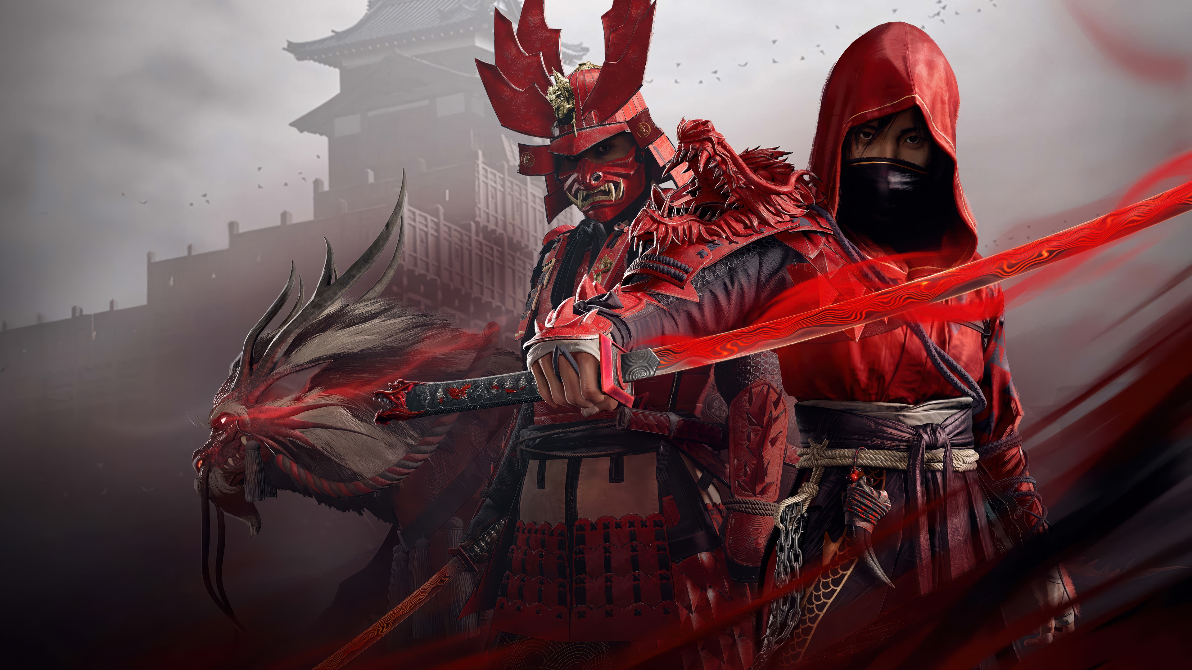 Yasuke and Naoe with a dragon in front of a castle HD Wallpaper